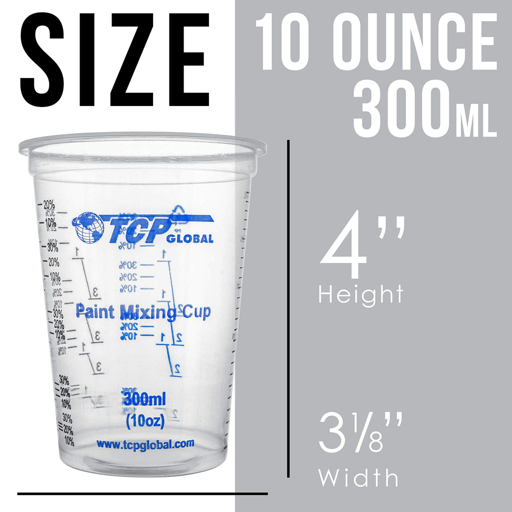 TCP Global 10 oz. (300ml) Graduated Plastic Mixing Cups - Box of 100 with 50 Mixing Sticks - Disposable Plastic Measuring Cups for Liquids, Paints, Resin, Epoxy, Art, Kitchen - Ratios 2-1, 3-1, 4-1 ML