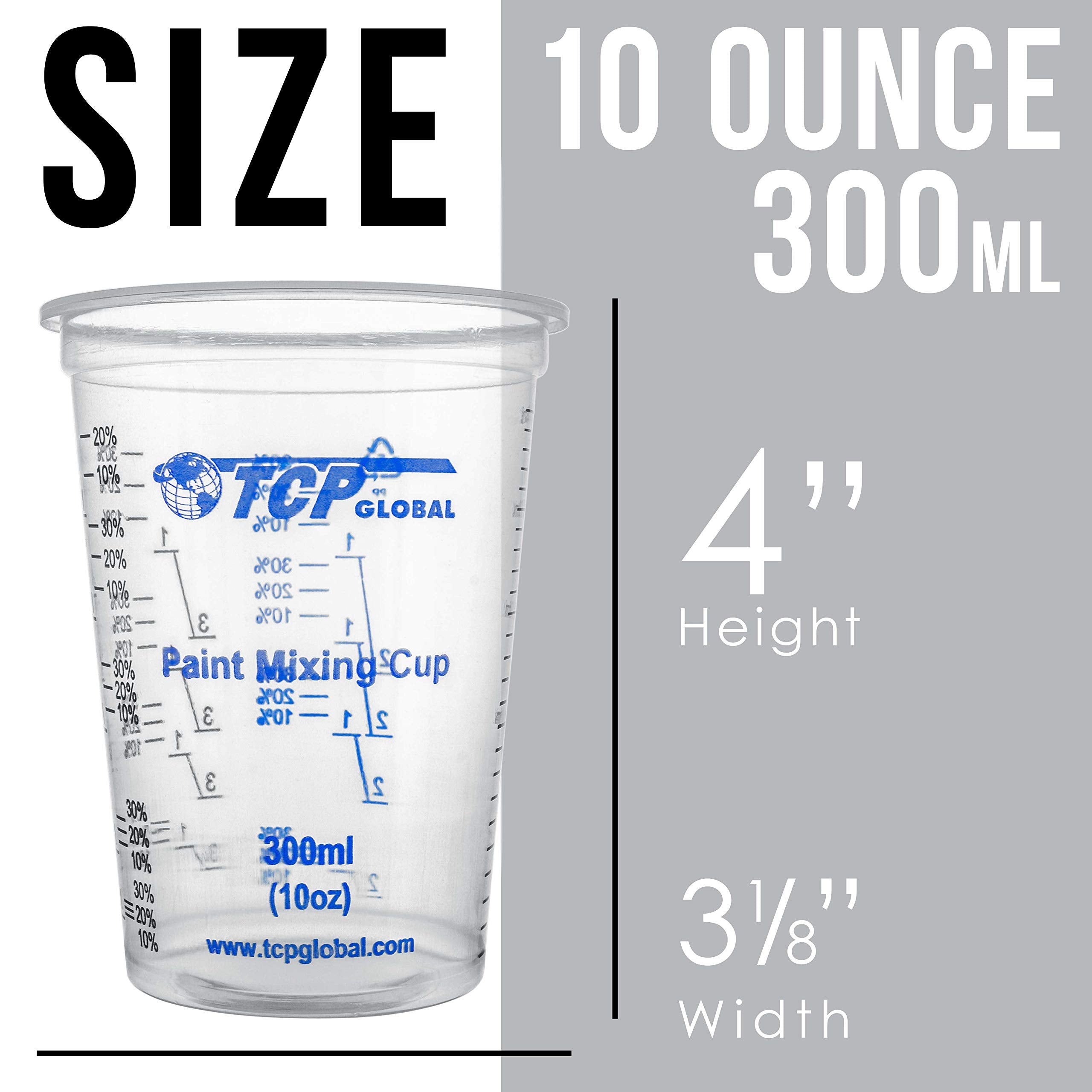 TCP Global 10 oz. (300ml) Graduated Plastic Mixing Cups - Box of 100 with 50 Mixing Sticks - Disposable Plastic Measuring Cups for Liquids, Paints, Resin, Epoxy, Art, Kitchen - Ratios 2-1, 3-1, 4-1 ML