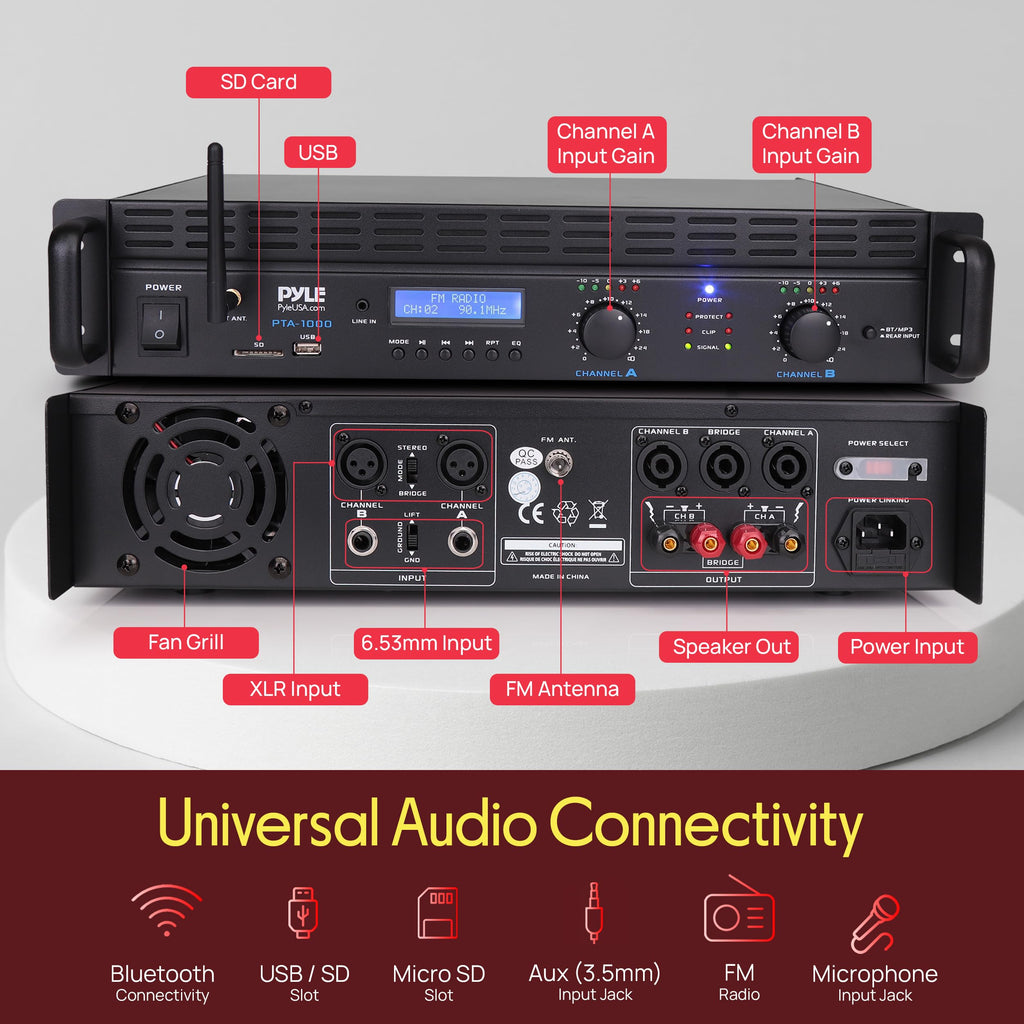 Pyle 2-Channel Rack Mount Power Amplifier with Bluetooth - 2000W Bridgeable with TRS XLR Input, Speakon Outputs, USB-A Input with MP3 Player, Bridge Mode, Cooling Fan, LED Level Meters - PTA1000BT