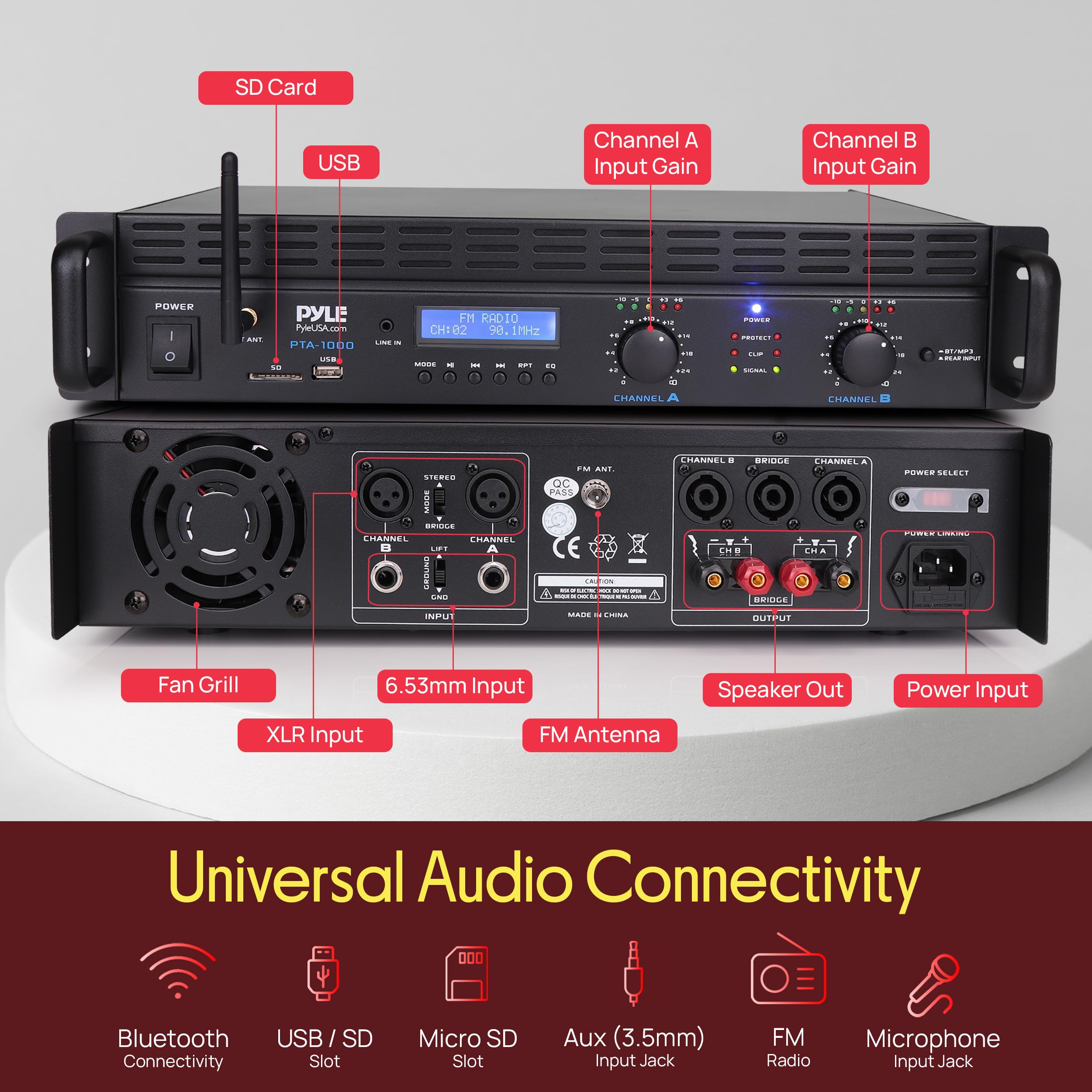 Pyle 2-Channel Rack Mount Power Amplifier with Bluetooth - 2000W Bridgeable with TRS XLR Input, Speakon Outputs, USB-A Input with MP3 Player, Bridge Mode, Cooling Fan, LED Level Meters - PTA1000BT