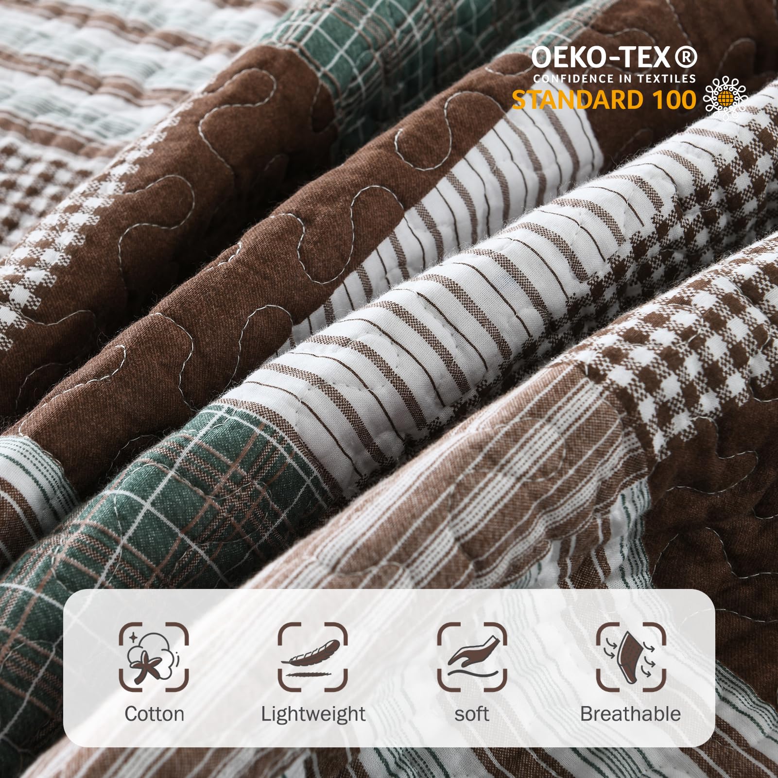 Y-PLWOMEN 100% Cotton Farmhouse Plaid Lightweight 3-Pieces Quilt Set (Blue Brown, Queen90 * 98 Inch)