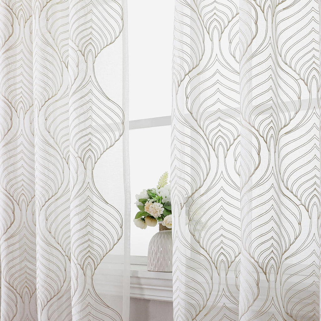 VISIONTEX Sheer Curtains 63 Inches Long 2 Panels Set, Beige and Ivory Moroccan Embroidery Texture Geometric Rod Pocket White Voile Tulle Semi Window Treatment Pair for Bedroom, W54 x L63