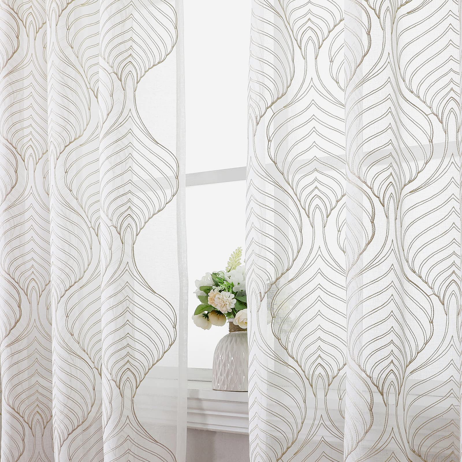 VISIONTEX Sheer Curtains 63 Inches Long 2 Panels Set, Beige and Ivory Moroccan Embroidery Texture Geometric Rod Pocket White Voile Tulle Semi Window Treatment Pair for Bedroom, W54 x L63