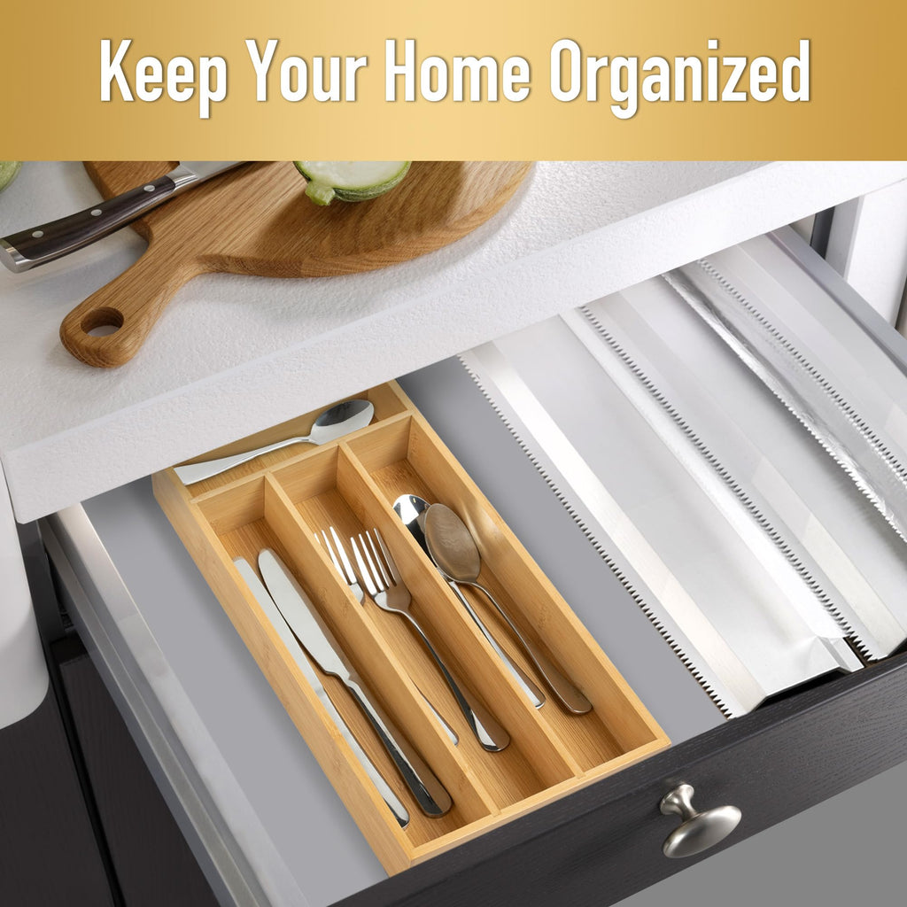 Acacia 4 Slot Silverware Drawer Organizer - Cutlery Holder with Flatware Tray