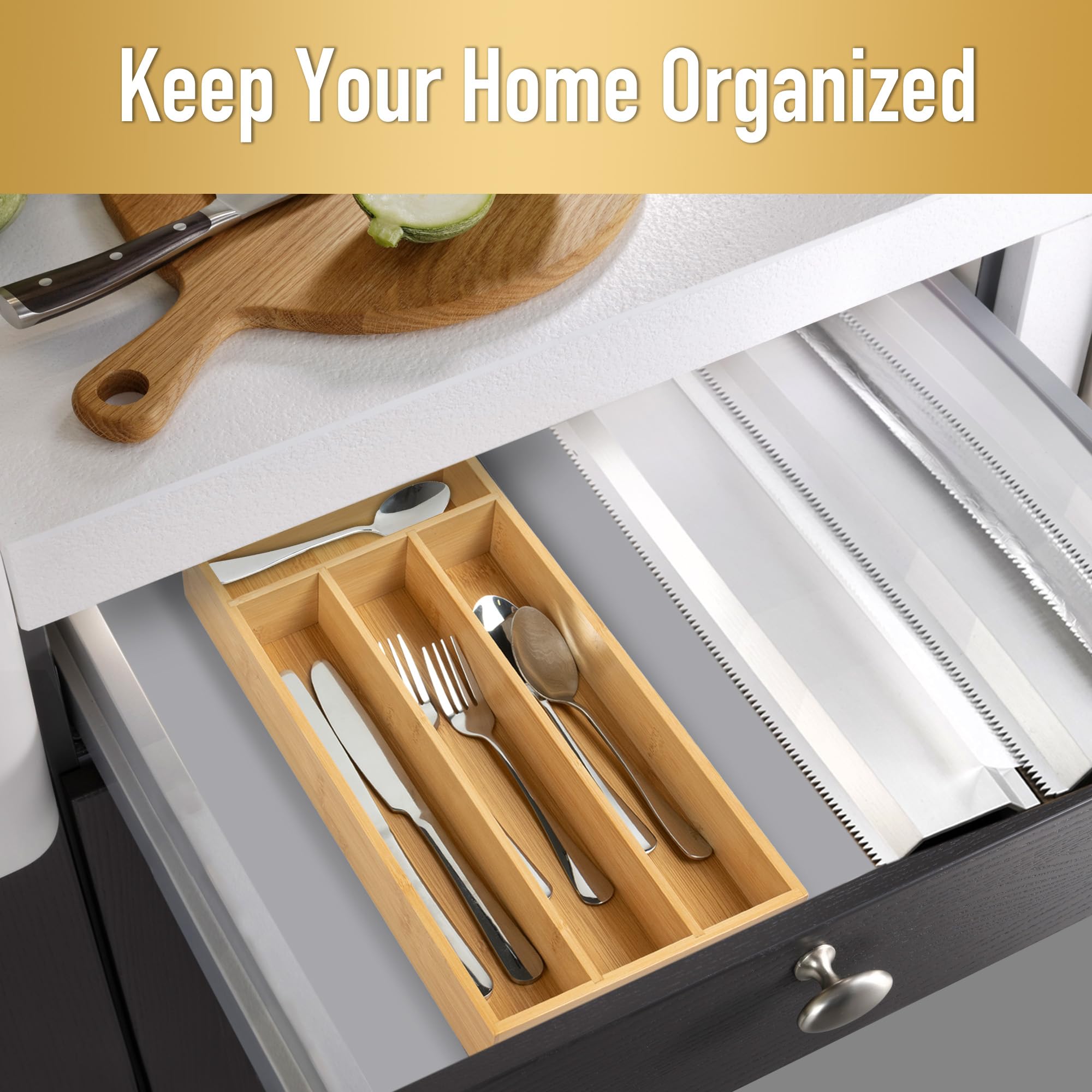 Acacia 4 Slot Silverware Drawer Organizer - Cutlery Holder with Flatware Tray
