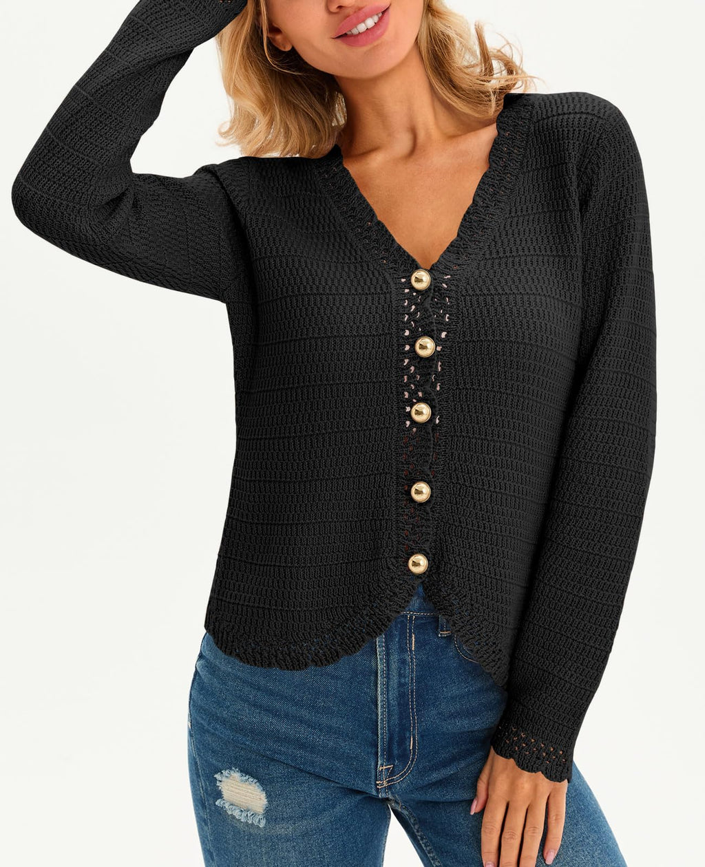 Saodimallsu Womens V Neck Cardigan Sweaters Button Up Cropped Boho Knit Long Sleeve Loose Trendy Sweater Tops