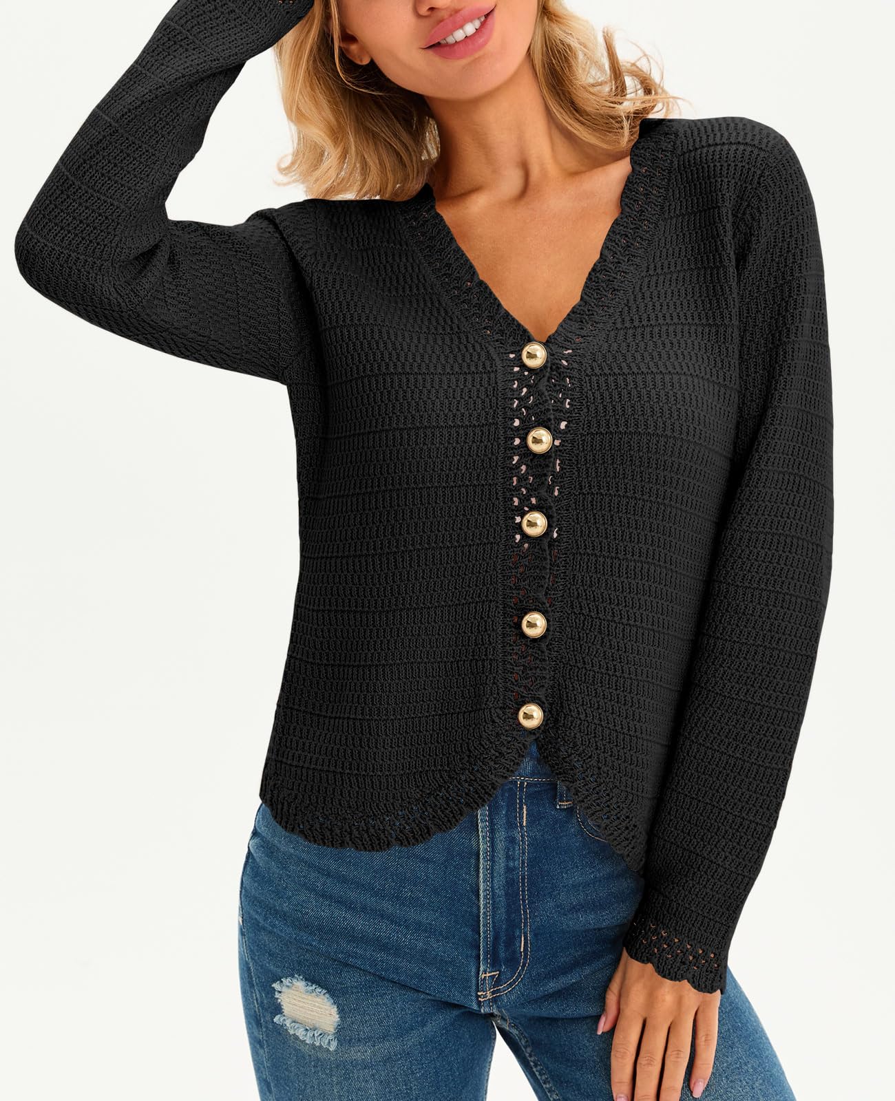 Saodimallsu Womens V Neck Cardigan Sweaters Button Up Cropped Boho Knit Long Sleeve Loose Trendy Sweater Tops