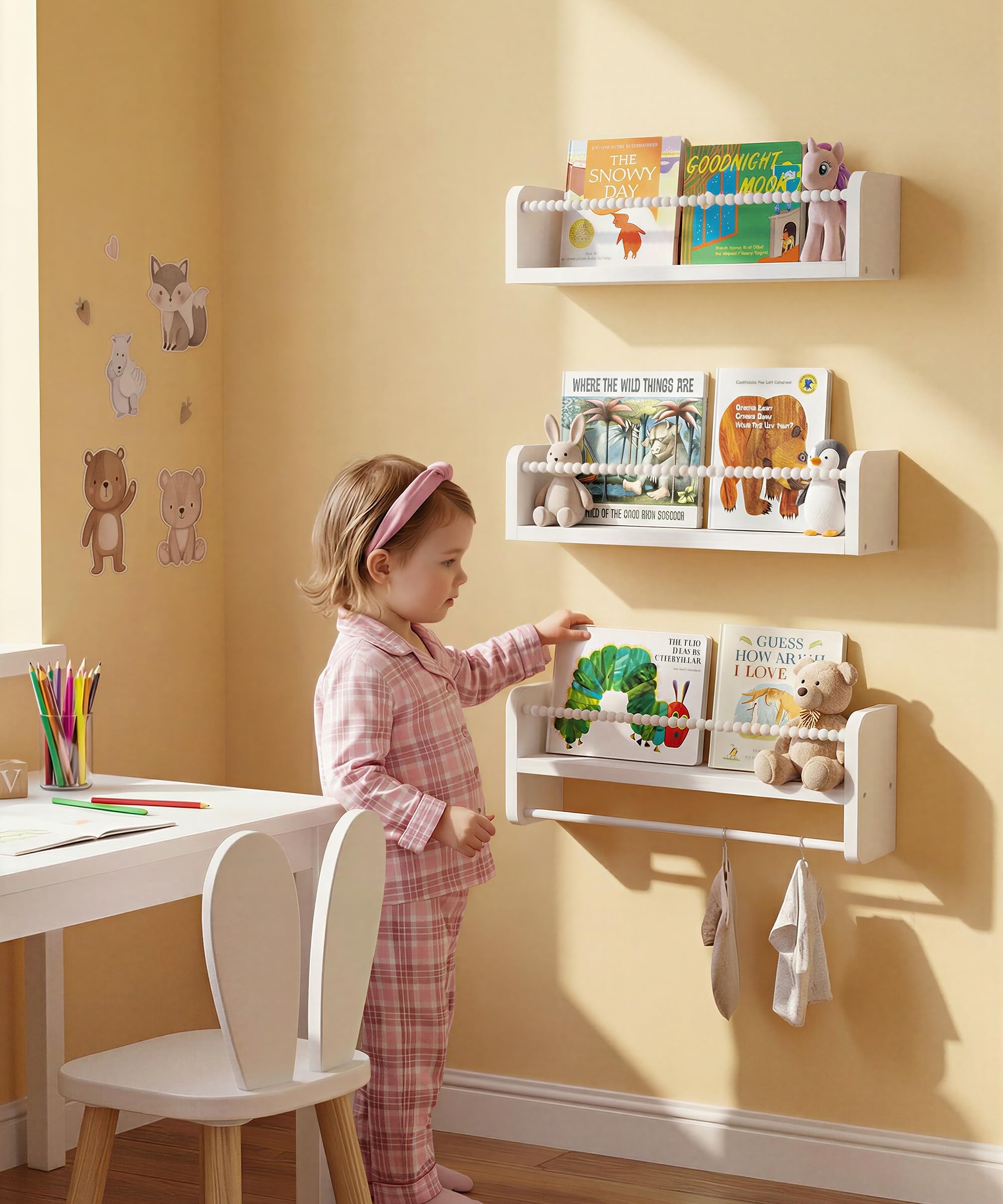 Nursery Book Shelves for Wall Set of 3, Natural Wood Bookshelves Wall Decor, Small Floating Shelf Organizer for Kids Room, Bedroom, Kitchen Spice Rack