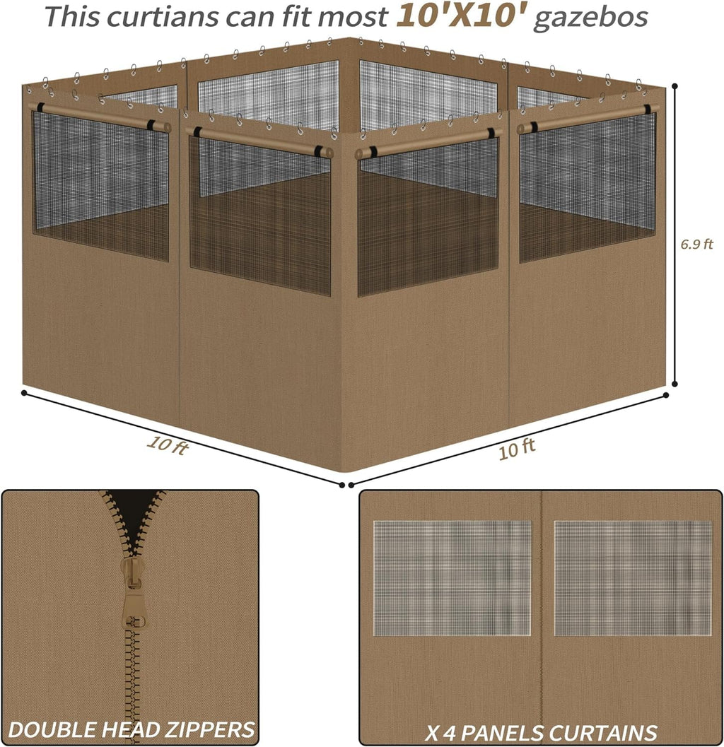 Gazebo Privacy Curtains 10' x 10' with Mosquito Windows, 4-Panels Side Wall with Zipper Universal Replacement for Patio, Outdoor Canopy, Garden and Backyard, Gray (Curtain Only)