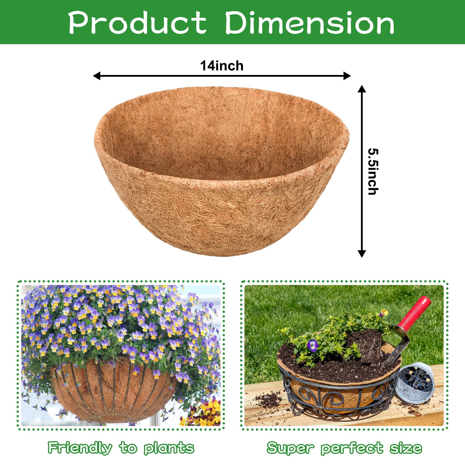 Riare 2 Pack 12 Inch Round Coco Liners Replacement, 100% Natural Coconut Coir Liners for Hanging Baskets, Garden Flower Vegetables Planter Pot, Window Box, Fence, Decks