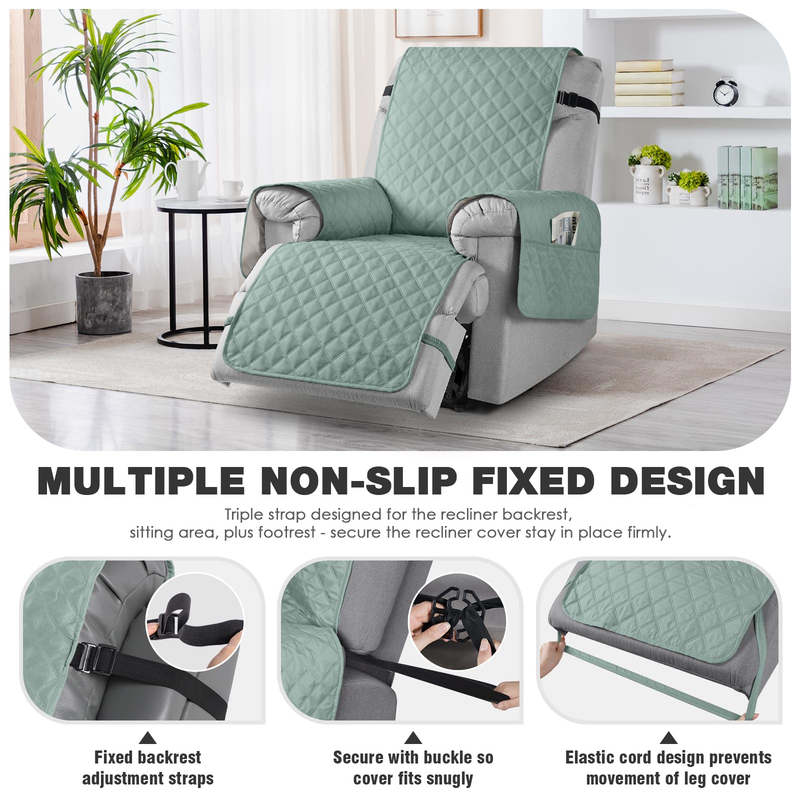 TAOCOCO 100% Waterproof Recliner Chair Covers, Reversible Recliner Covers with Leg Straps, Washable Recliner Sofa Covers for Reclining Chair Furniture Dog Protector with Pocket (Black, 23.6'')