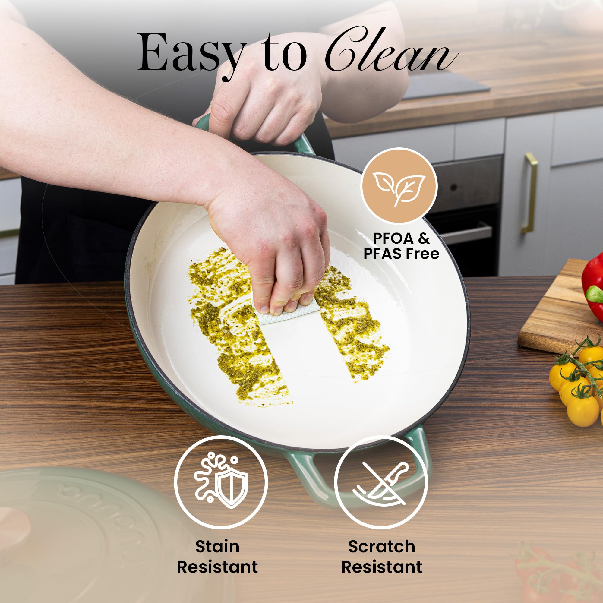 Shallow Cast Iron Casserole with Lid – Non Stick Dutch Oven Pot, Oven Safe up to 500° F – Sturdy Ovenproof Stockpot Cookware – Enamelled Cooking Pot – Black, 5-Quart, 32cm – by Nuovva