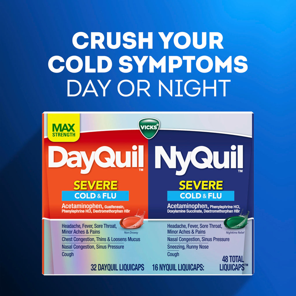 Vicks NyQuil Severe Cold, Flu, & Congestion Medicine, 24 Liquicaps, Maximum Strength, 24Count