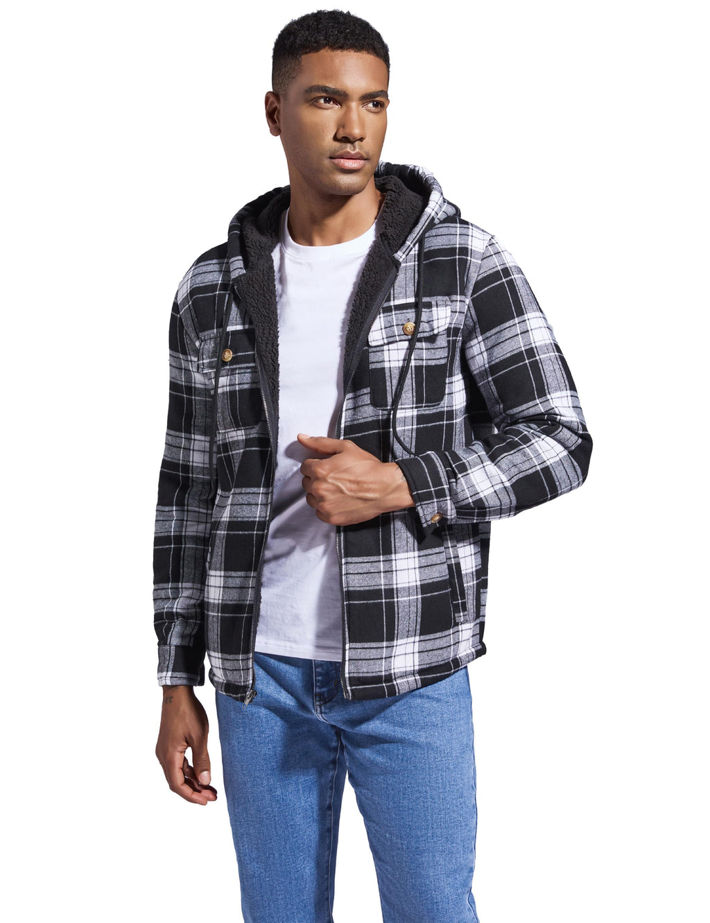 Men's Flannel Plaid Hooded Jackets Full Zip Sherpa Fleece Lined Hoodies Fashion Warm Coat