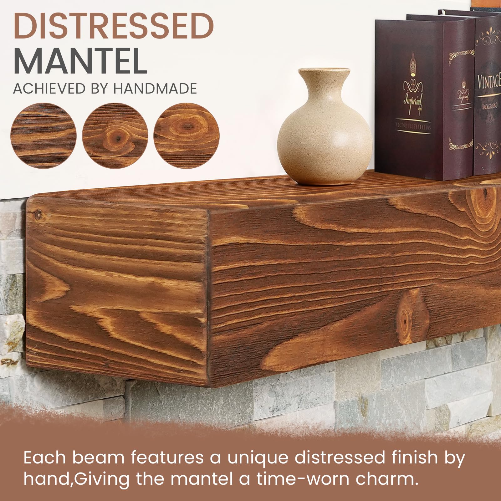 G GOOD GAIN Fireplace Mantel 54inch - Handmade Rustic Wood Mantel for Over Fireplace | Wall Mounted Floating Mantle Shelves for Living Room Decor(Chocolate, 54Lx5Hx8D)
