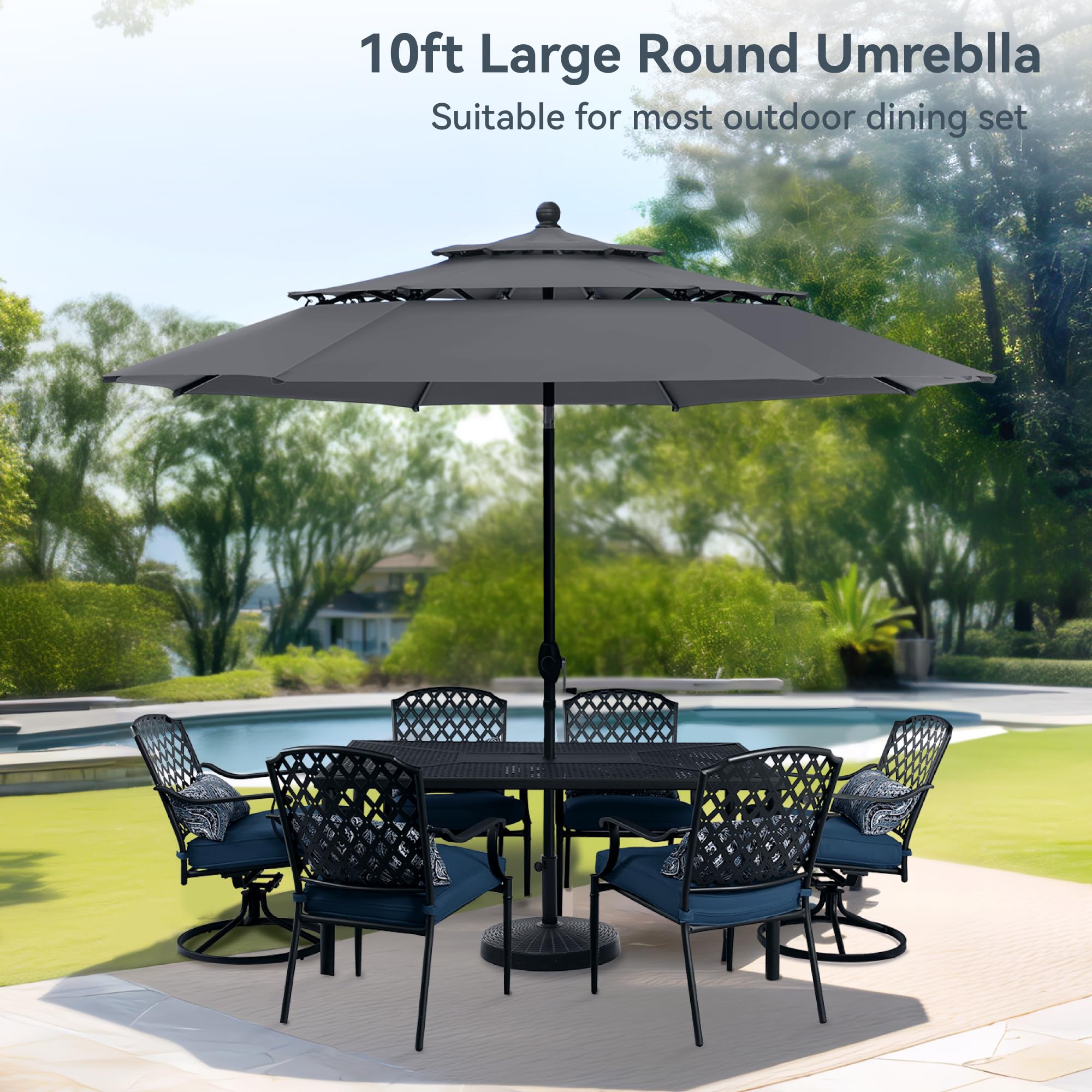 PHI VILLA 10ft Patio Umbrellas, Outdoor 3 Tier Vented Large Market Table Umbrella with 8 Sturdy Ribs and 1.5" Umbrellla Pole for Lawn Poolside Garden Terrace, Beige(No Base)