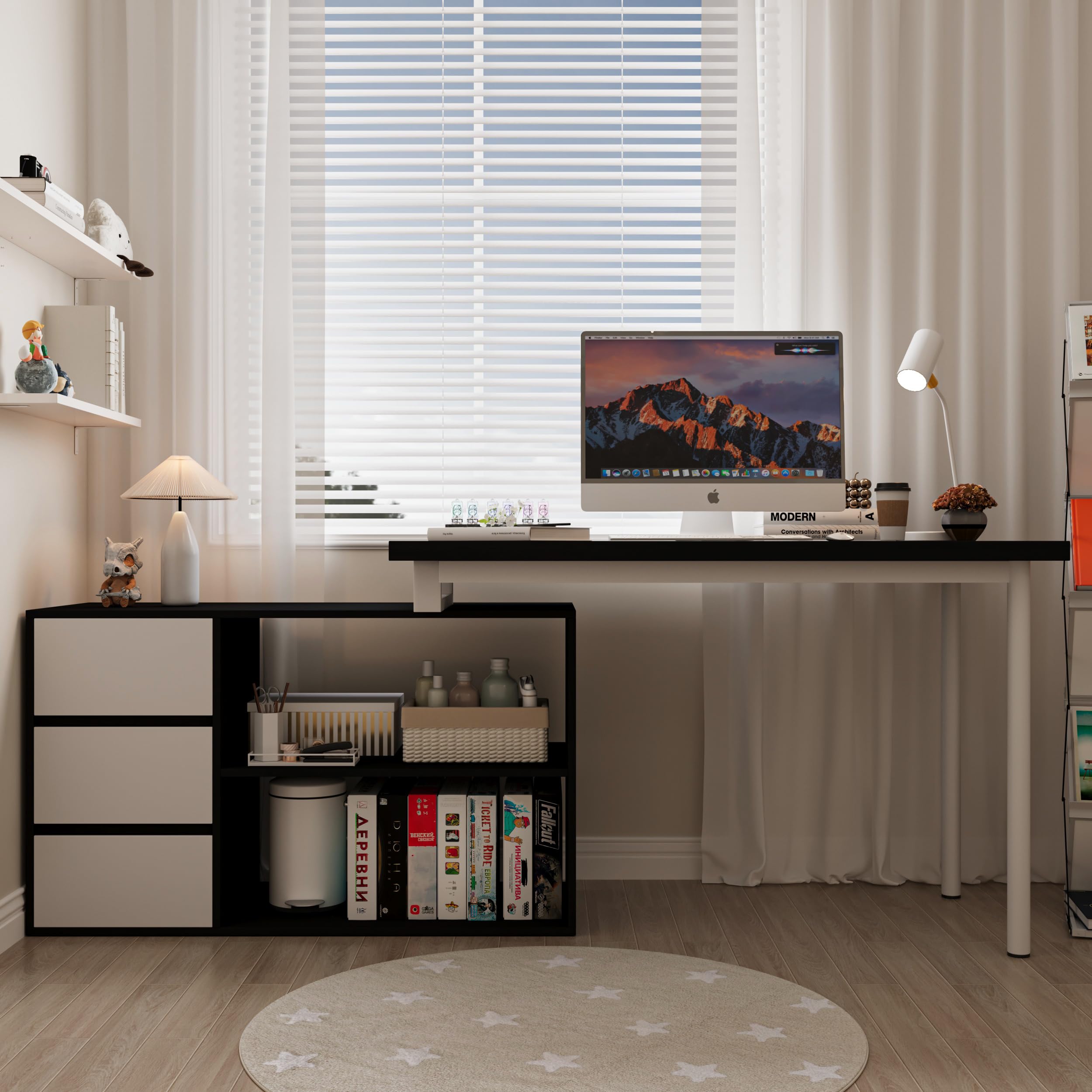 Bobve L Shaped Computer Desk, 47 Inch Home Office Desk with File Drawers & Storage Shelves, Small Corner Computer Desk for Small Space (Black + White)