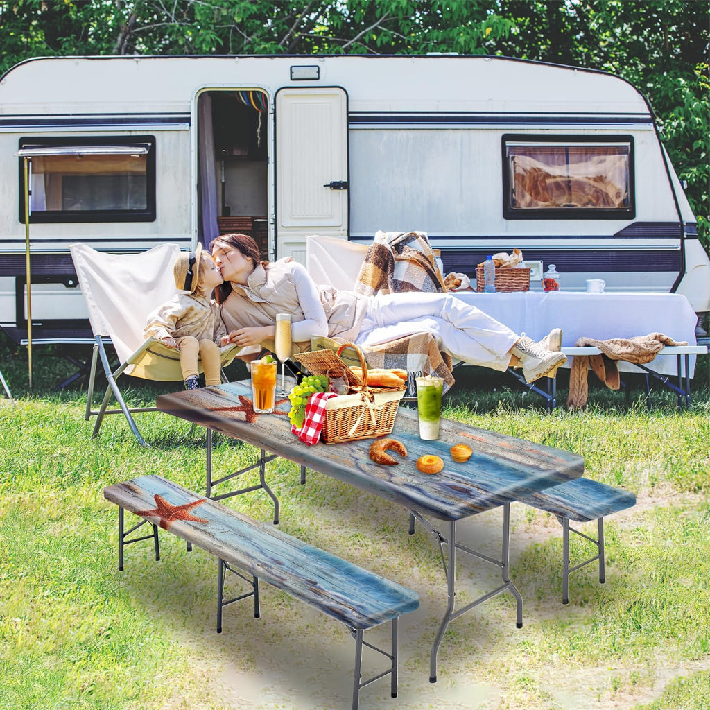 Park Picnic Table Cover with Bench Covers Lightweight Camping Essentials, Oil-Proof Waterproof 3PCS Tablecloth with Elastic, Fitted for Table 6FT Rectangle and Seats, American Flag Eagle (72x30in)