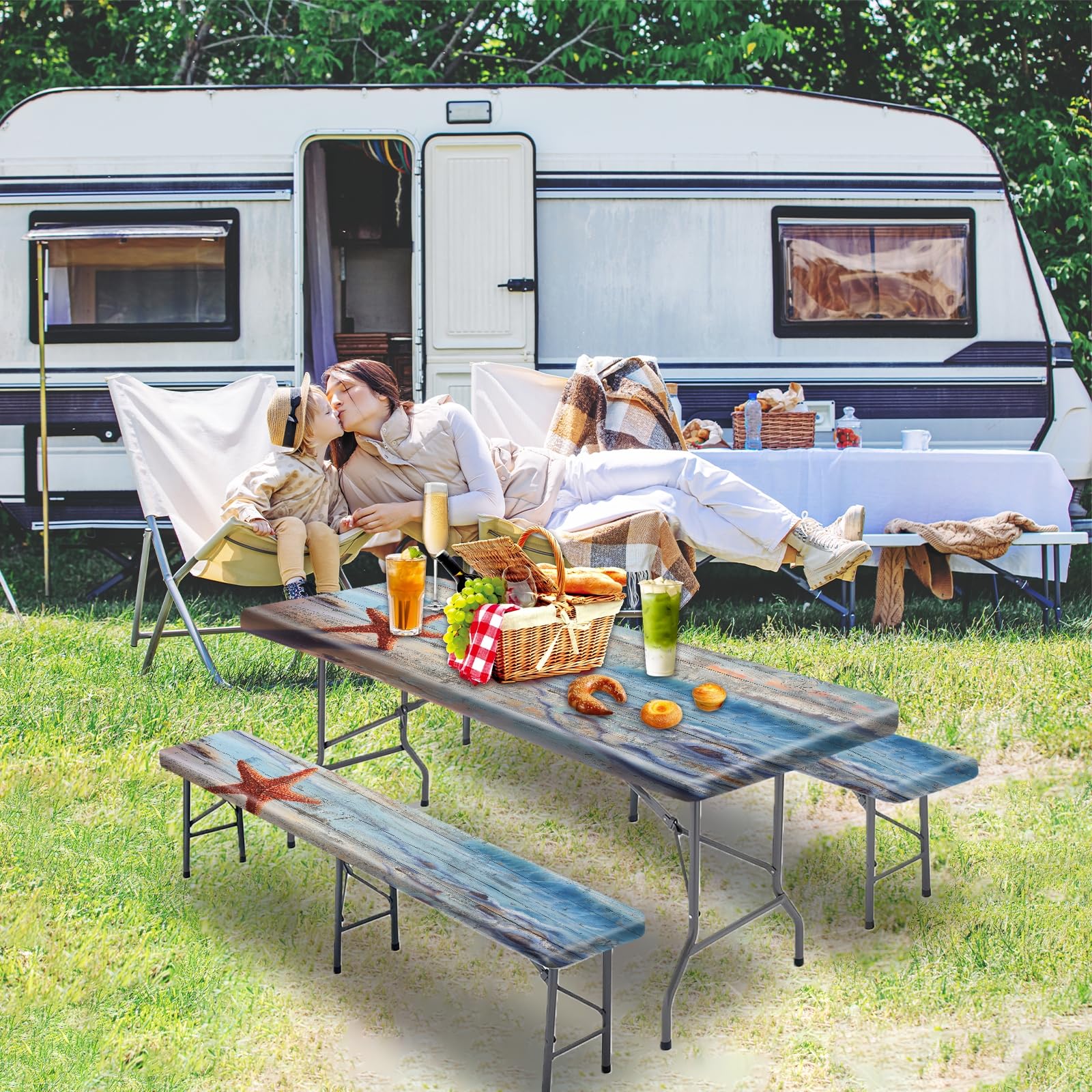 Park Picnic Table Cover with Bench Covers Lightweight Camping Essentials, Oil-Proof Waterproof 3PCS Tablecloth with Elastic, Fitted for Table 6FT Rectangle and Seats, American Flag Eagle (72x30in)