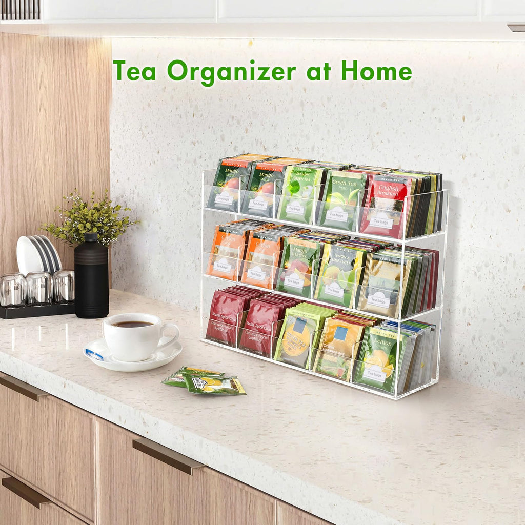 BEYGORM Acrylic Tea Bag Organizer for 216 Tea Packets, No Assembly Required, Display Holder for Countertop, Vertical Tea Bag Caddy for Cabinet, Tea bar Accessories, Teabags Storage Containers