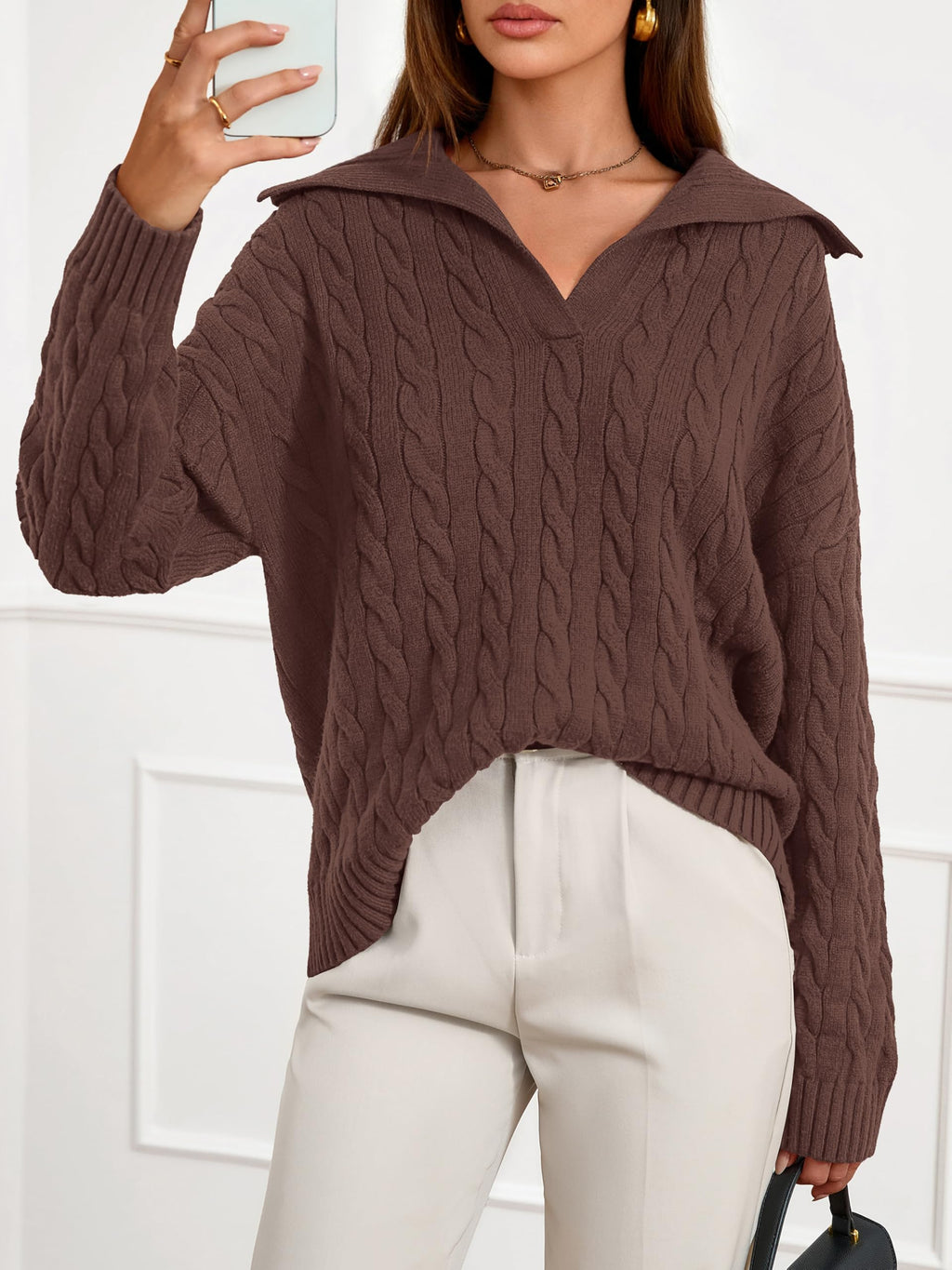 PRETTYGARDEN Spring Cable Knit Oversized Sweaters for Women 2026 Polo V Neck Long Sleeve Casual Chunky Sweater Pullover Tops