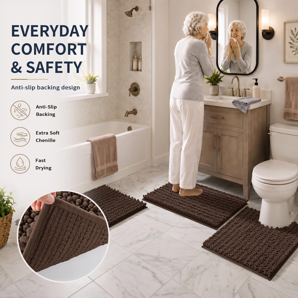 Yimobra Black Bathroom Rug Set 3 Piece - Super Absorbent Quick Dry Chenille Bath Mats & Toilet Rug, Non Slip Machine Washable, Extra Thick Shaggy Floor Mat for Shower Tub Sink
