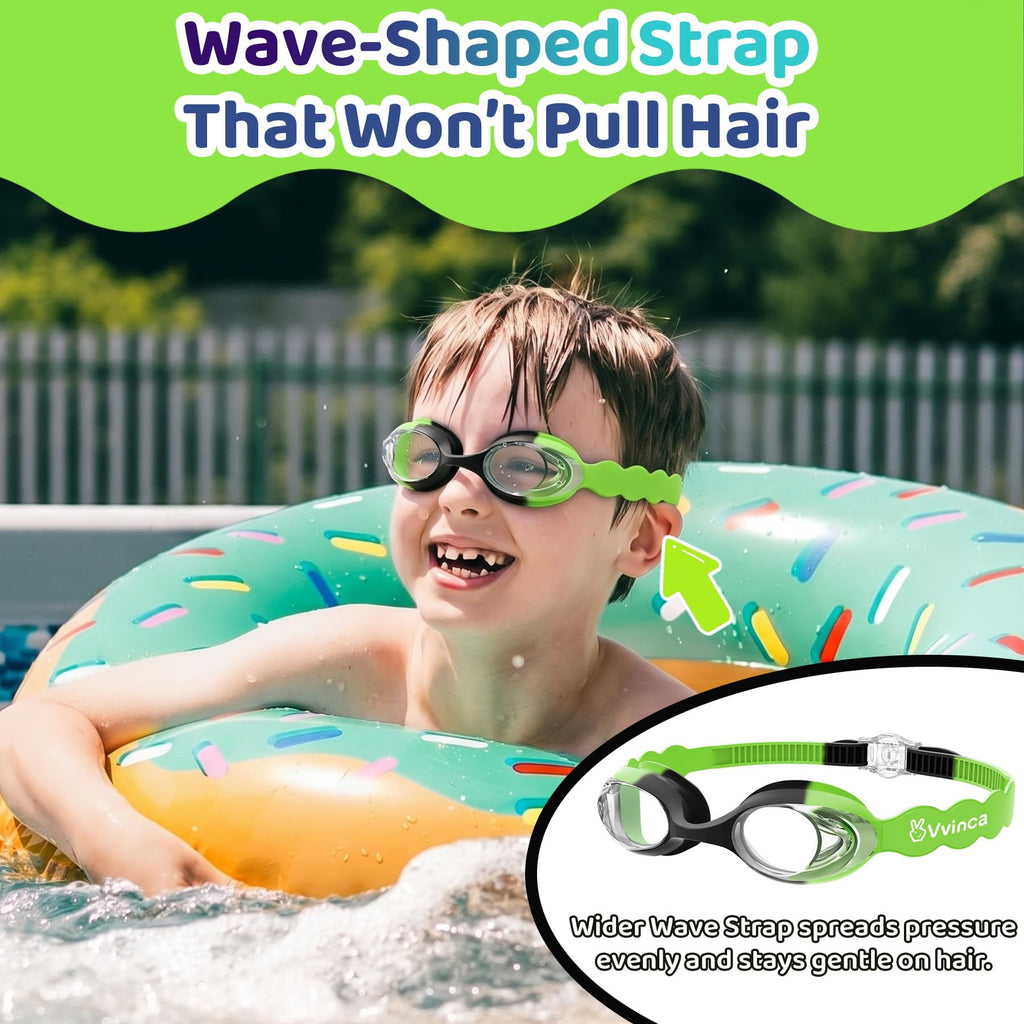 Vvinca Kids Swim Goggles with Fabric Strap No Tangle Pain-Free, Anti-Fog Swimming Pool Goggle No Leak for Toddlers Girls Boys