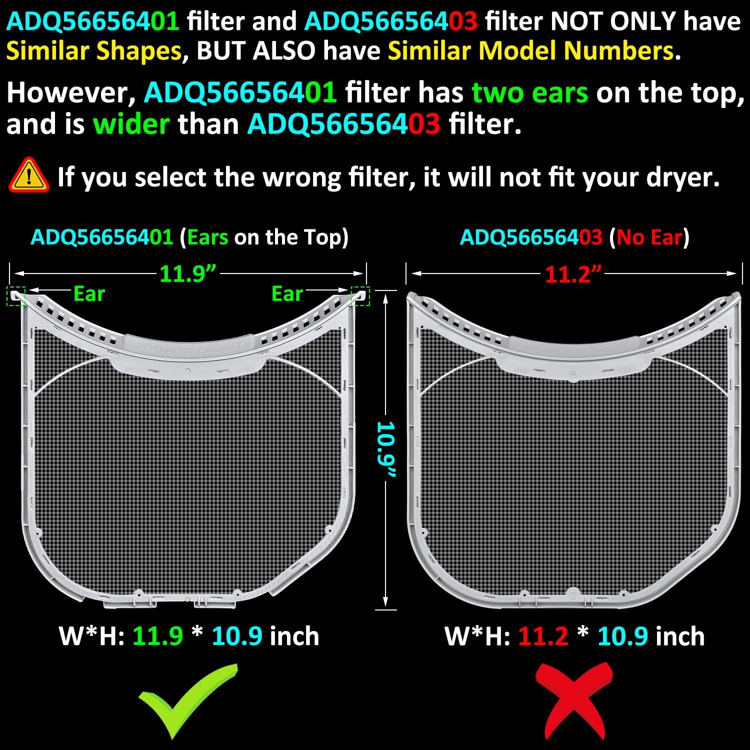 ADQ56656401 Lint Filter Replacement for LG & Kenmore Dryers, Ultra Durable Dryer Lint Screen Trap, Size 11.9 * 10.9 inch, Top with Ear, Rim without Felt Seal, Replace P/N ADQ566564 AP4457244 PS3531962