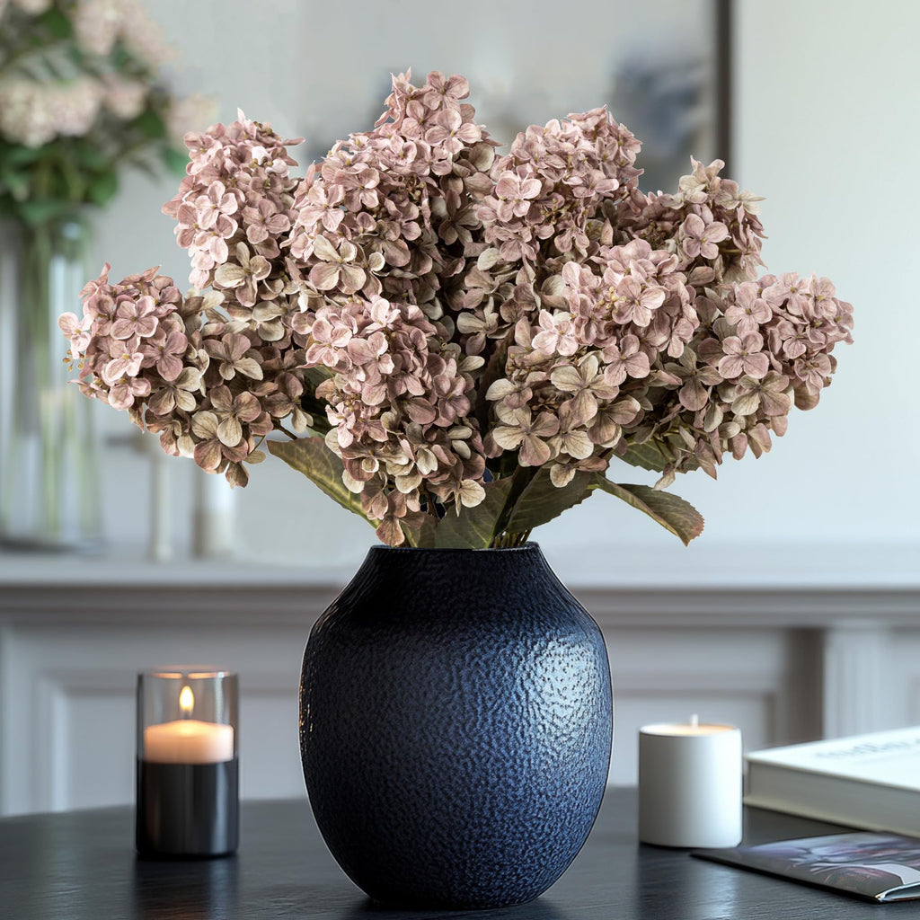 Ttranewsoo Hydrangea Artificial Flowers,Fall Hydrangeas Artificial Flowers,Blue Fake Fall Dried Hydrangea Flowers Decoration,Faux Silk Flower with Stems Winter Decor(Blue 24" 8pcs) Without Vase
