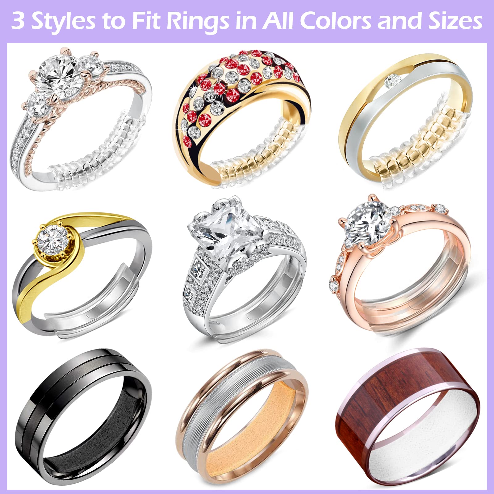 38 Pcs Ring Sizer Adjuster for Loose Rings with Ring Size Measuring Tool, Plug-in Invisible Ring Guards Silicone Tightener EVA Foam Ring Size Adjuster Set with Polishing Cloth