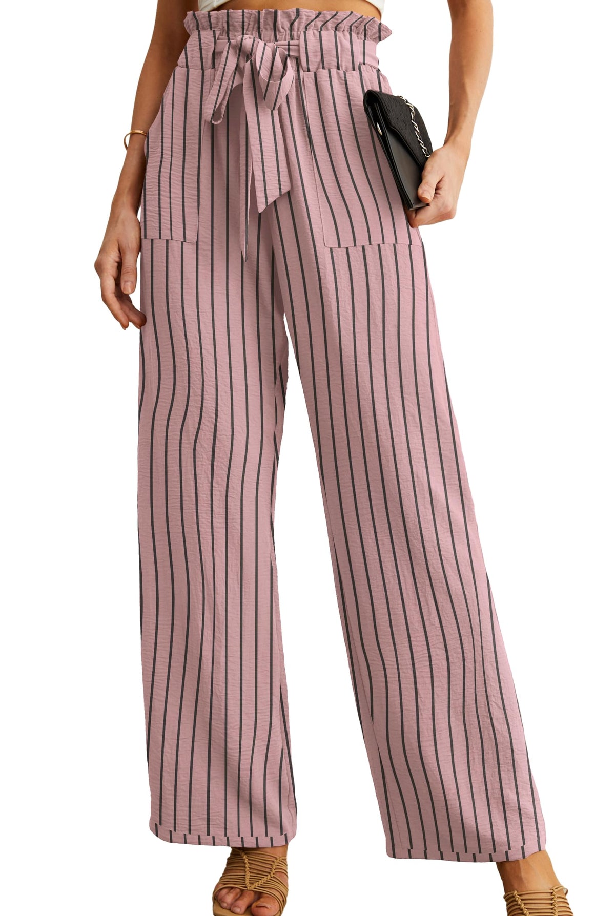 IWOLLENCE Women High Waist Palazzo Pants, Adjustable Knot Ankle Wide Leg Trousers Pockets Beach Vacation Lounge Office