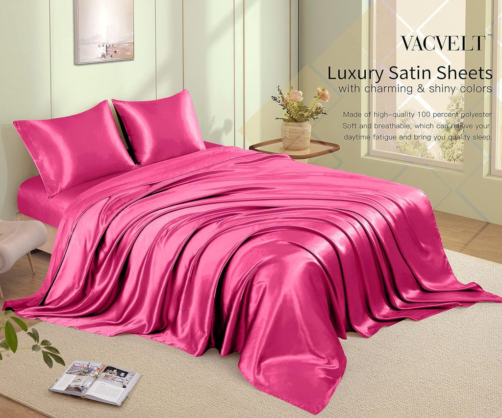VACVELT 3pcs Beige Satin Sheets Twin Size Bed Set, 15 Inch Deep Pocket Silky Satin Sheet Set, Soft Satin Bedding Set Cooling & Luxury Bed Sheets, 1 Fitted Sheet + 1 Flat Sheet + 1 Pillowcase