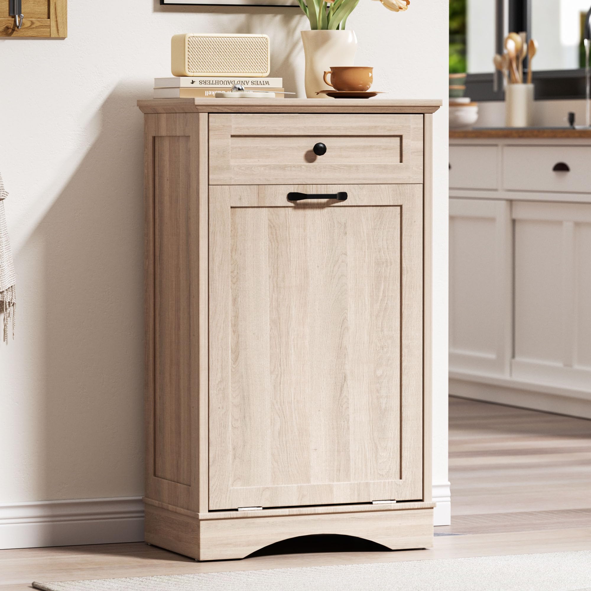 AHB Double Tilt Out Trash Can Cabinet Freestanding Kitchen Trash Can, 2x13 Gallons Hidden Garbage Recycling Cabinet with Hideaway Drawers Pet Proof Trash Can Holder for Kitchen, Antique White