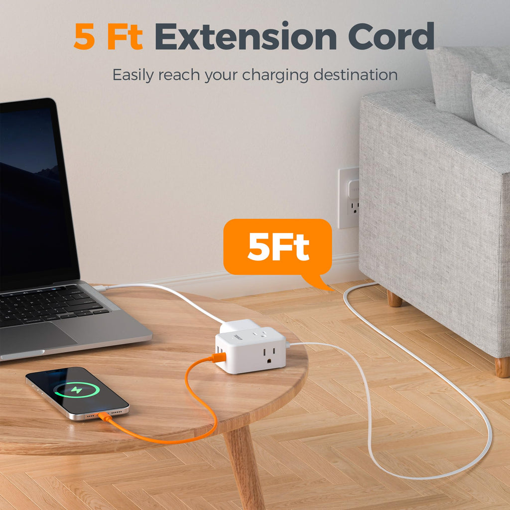 TESSAN Small Flat Plug Power Strip, Ultra Thin Extension Cord 5 ft, 3 AC Outlets with 3 USB Ports (1 USB C), Multiple Wall Outlet Extender for Cruise Travel Office School Dorm Room Essentials, Black
