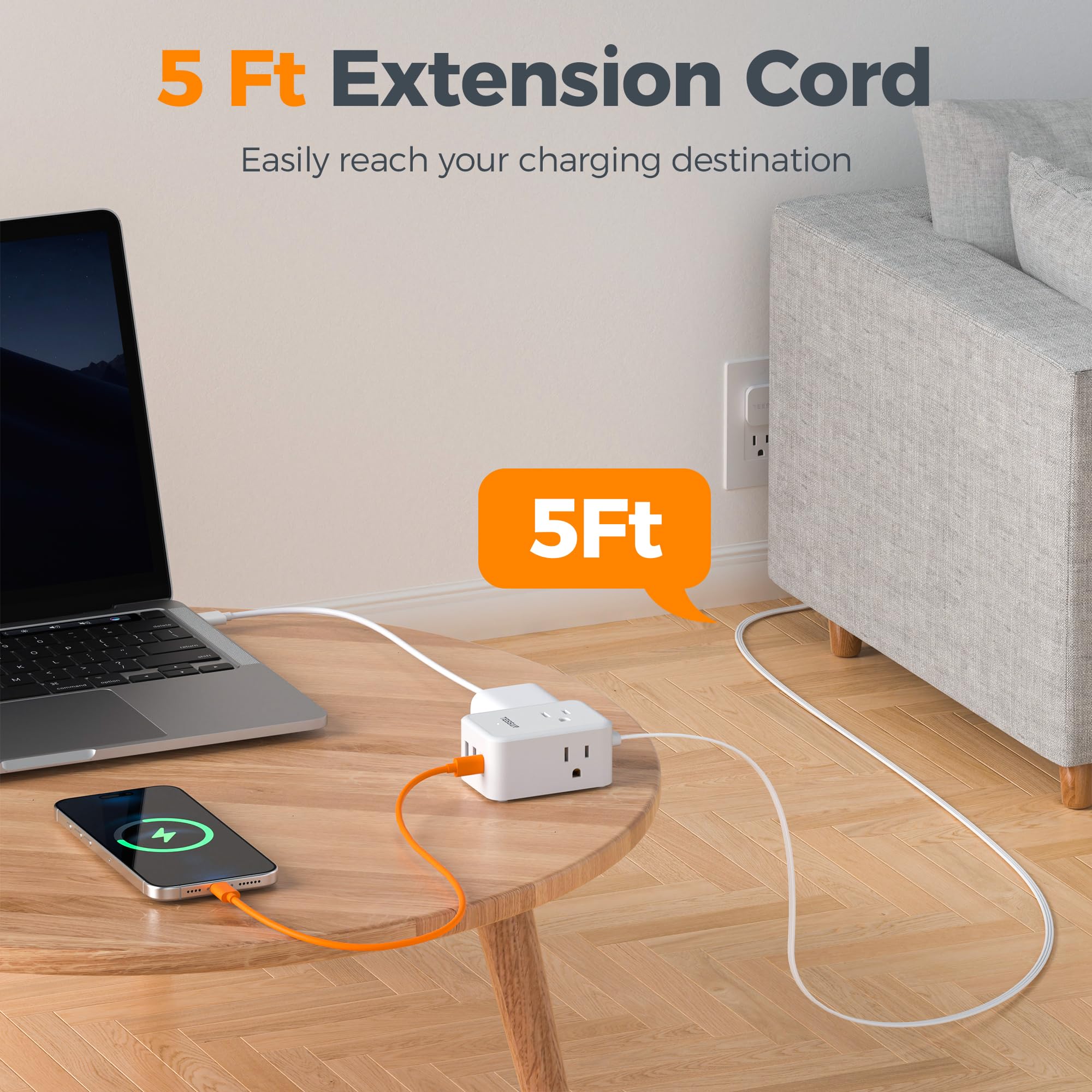 TESSAN Small Flat Plug Power Strip, Ultra Thin Extension Cord 5 ft, 3 AC Outlets with 3 USB Ports (1 USB C), Multiple Wall Outlet Extender for Cruise Travel Office School Dorm Room Essentials, Black