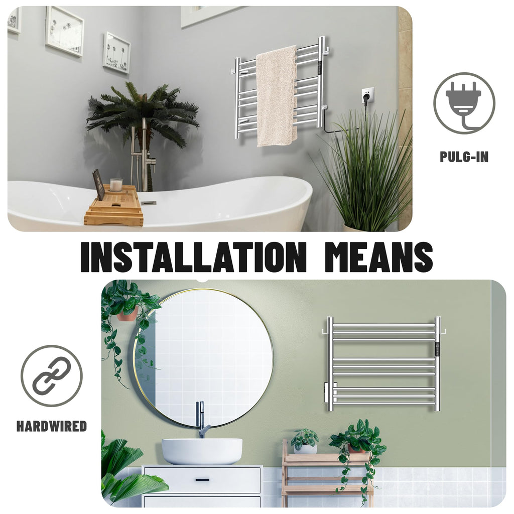 K&KALONZO Wall-Mounted 9-Bar Heated Towel Rack, Fast Heat in 2 Min, NTC Safety | 4 Timers & 3 Heat Levels Control, Plug-In/Hardwired, Top Hooks, Memory Function, Anti-Scald, Stainless Steel, EL13ML