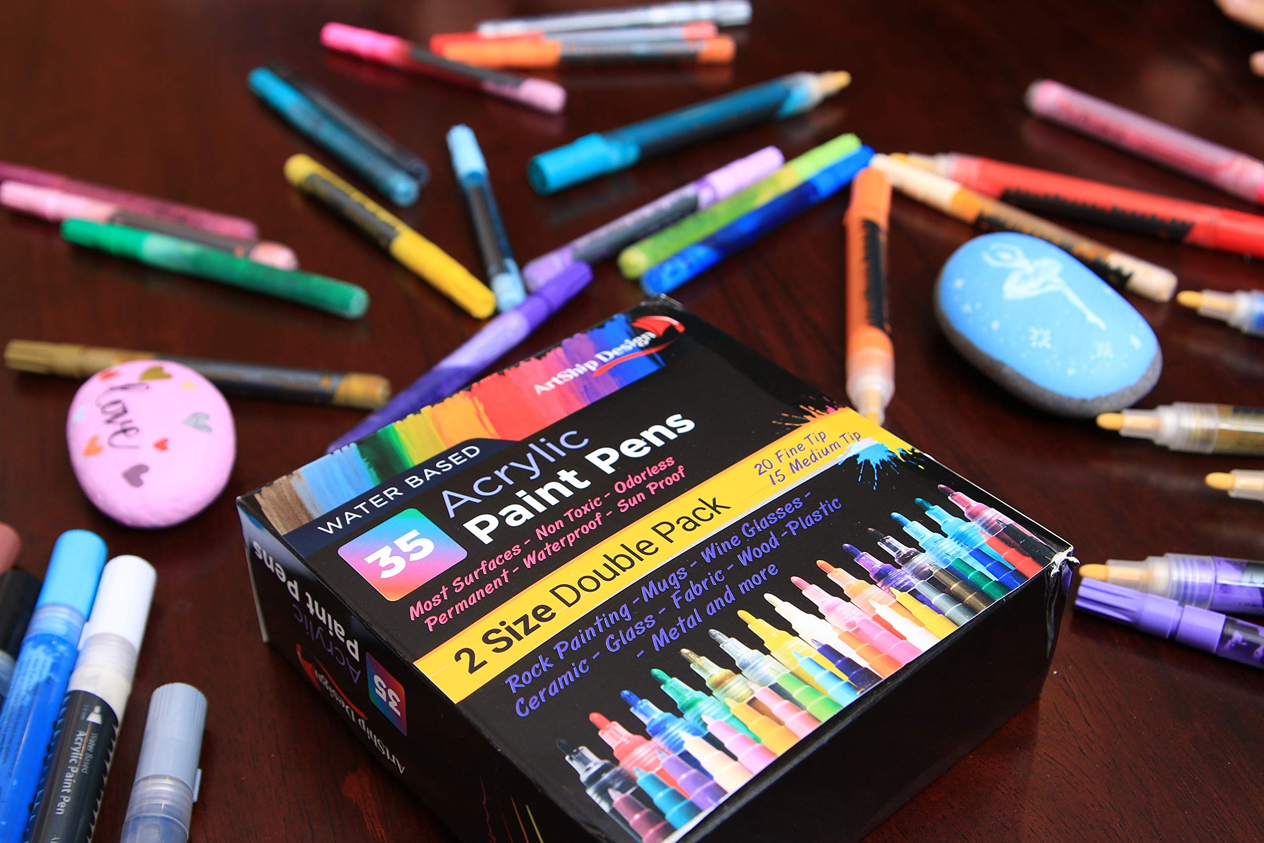 ArtShip Design 10 Black Acrylic Paint Pens, Double Pack of Both Extra Fine and Medium Tip Paint Markers, for Rock Painting, Mug, Ceramic, Glass, and Fabric Painting, Water Based Non-Toxic and No Odor