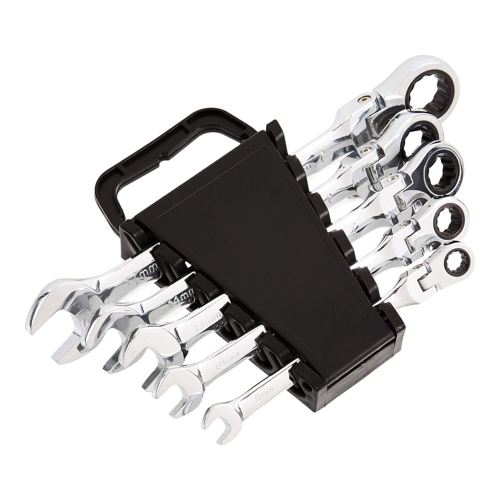 Amazon Basics 72-Tooth Ratcheting Combination Wrench Set, Chrome Vanadium Steel Flexible Head, 5-Piece SAE Sizes 5/16", 3/8", 1/2", 9/16", 11/16", Chrome Finish