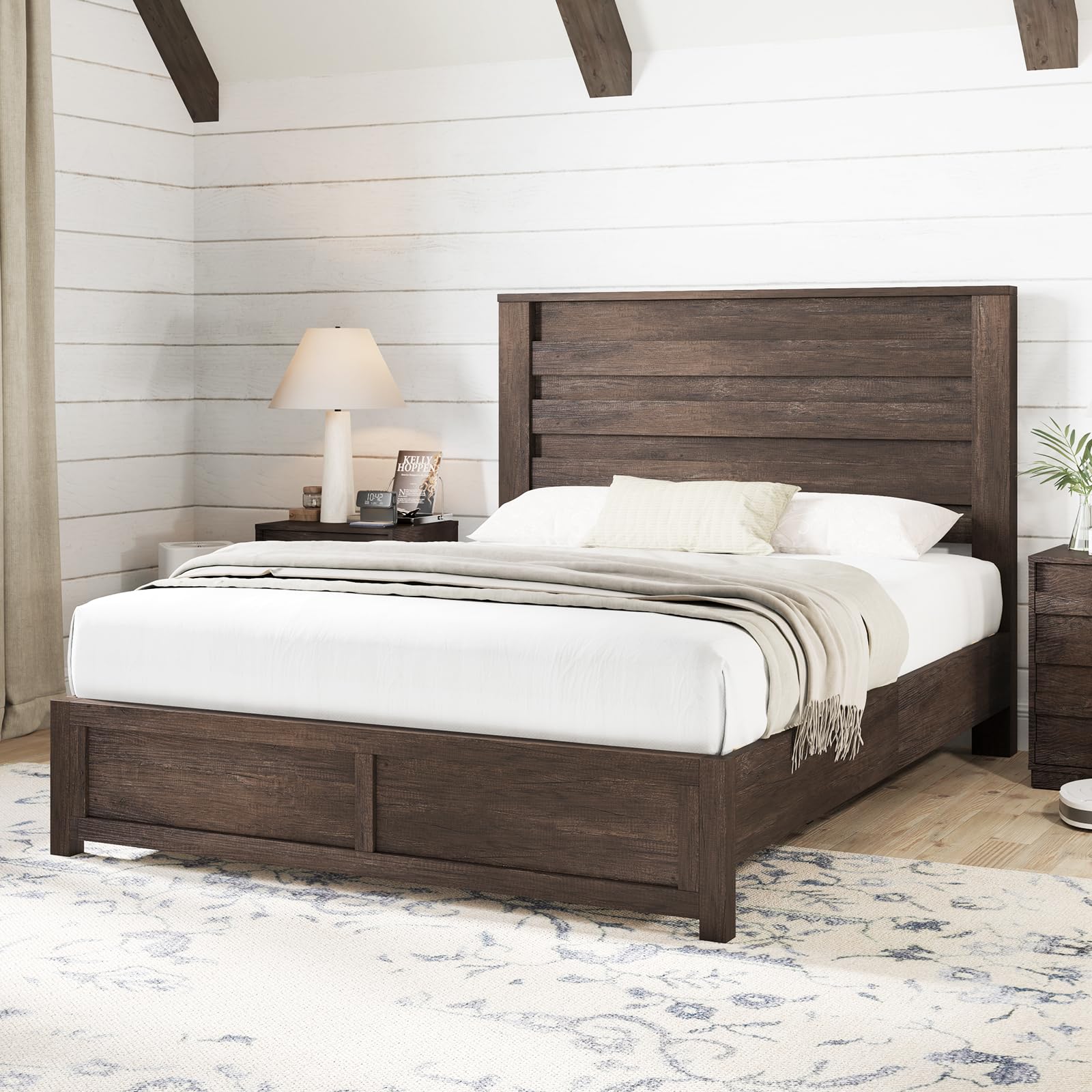 AMERLIFE Farmhouse Full Size Bed Frame with 49" Fluted Headboard, Wood Platform Bed with Natural Grain, No Box Spring Needed/Noise Free, Black