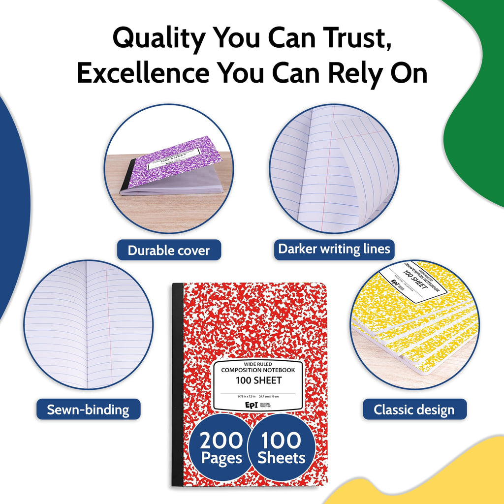 3 Pack - EPI Marble Hardcover Wide Ruled Composition Notebook | 200 Pages (100 Sheets), 9.75 x 7.5 in, Sturdy Sewn Binding | School, Office, Journaling, Notes