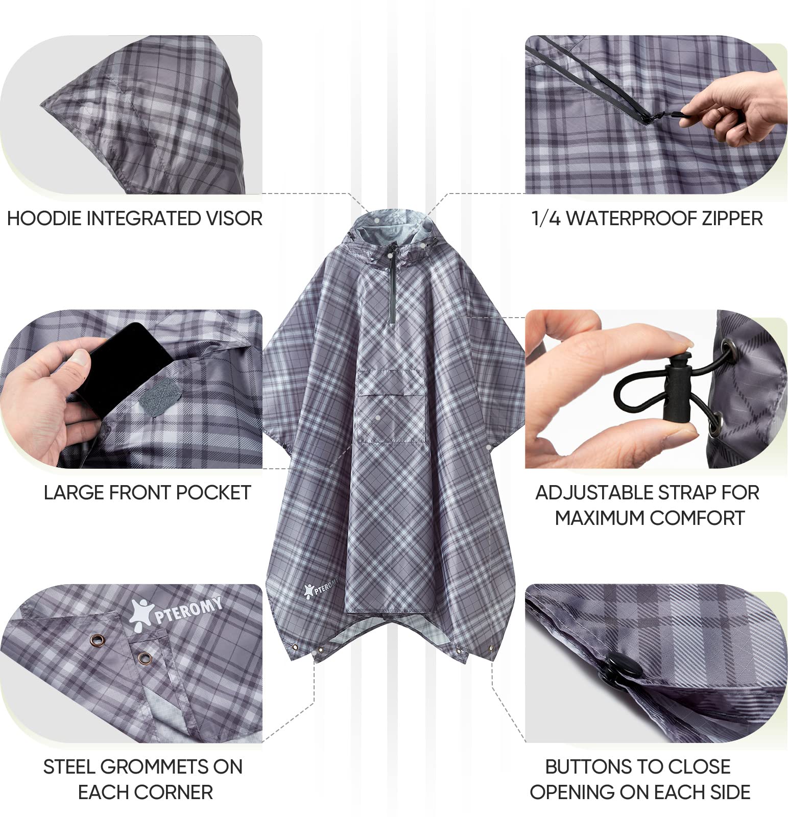 PTEROMY 3-in-1 Hooded Rain Poncho for Adult with Pocket, Waterproof Lightweight Unisex Raincoat for Hiking Camping Emergency