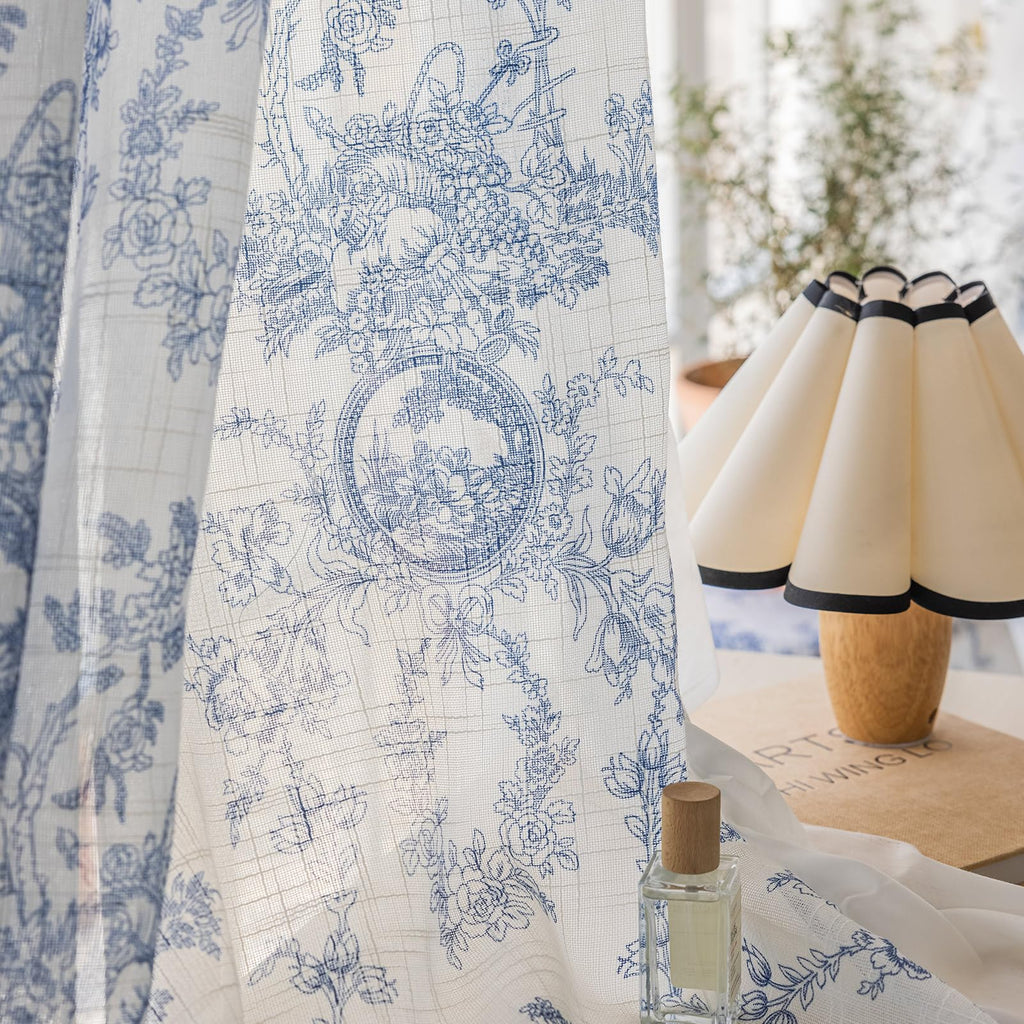 SUOUO Blue Leaf Semi Sheer White Curtains for Bedroom Dining Living Room Linen Textured 84 inches Long Rod Pocket Boho Window Drapes 2 Panels