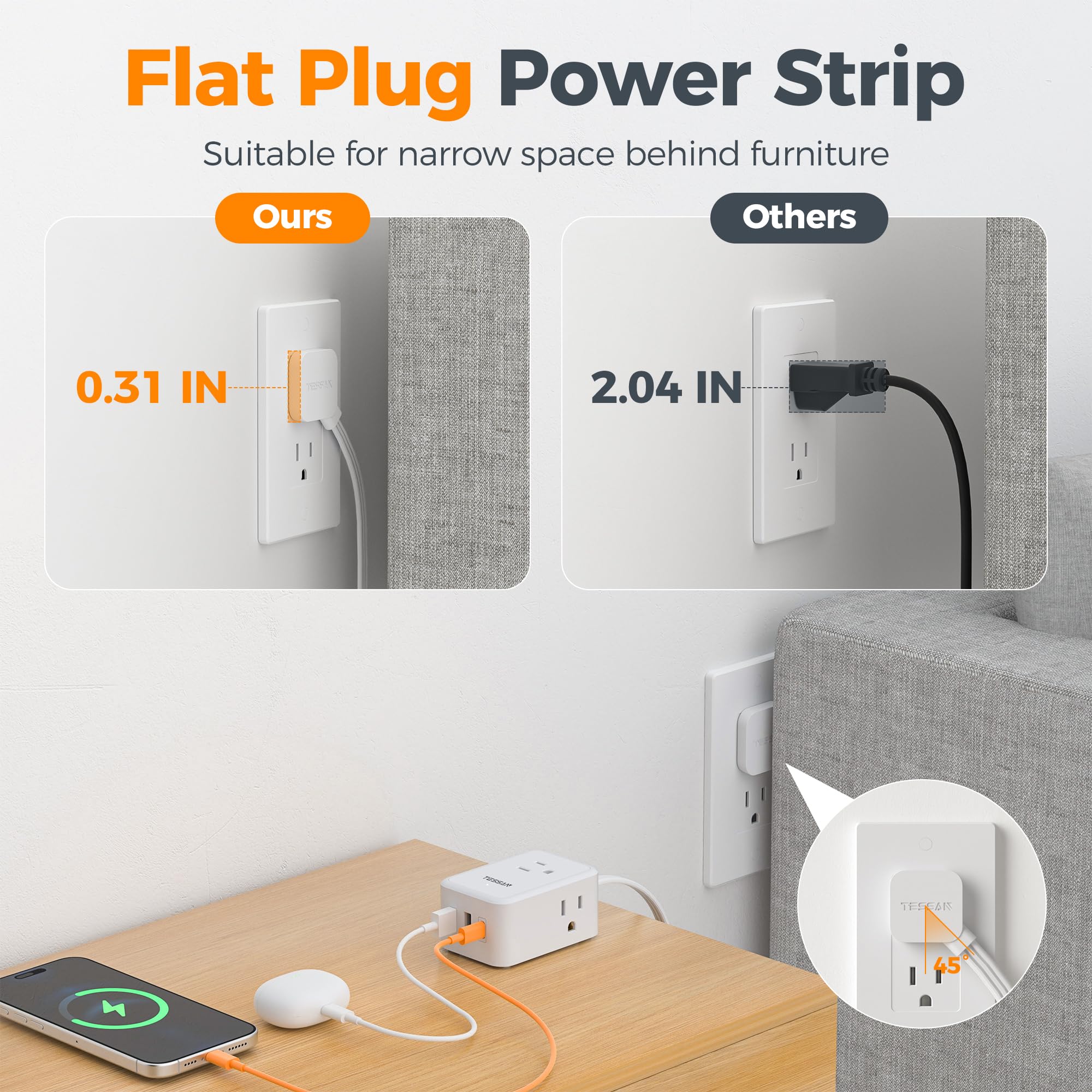 TESSAN Small Flat Plug Power Strip, Ultra Thin Extension Cord 5 ft, 3 AC Outlets with 3 USB Ports (1 USB C), Multiple Wall Outlet Extender for Cruise Travel Office School Dorm Room Essentials, Black