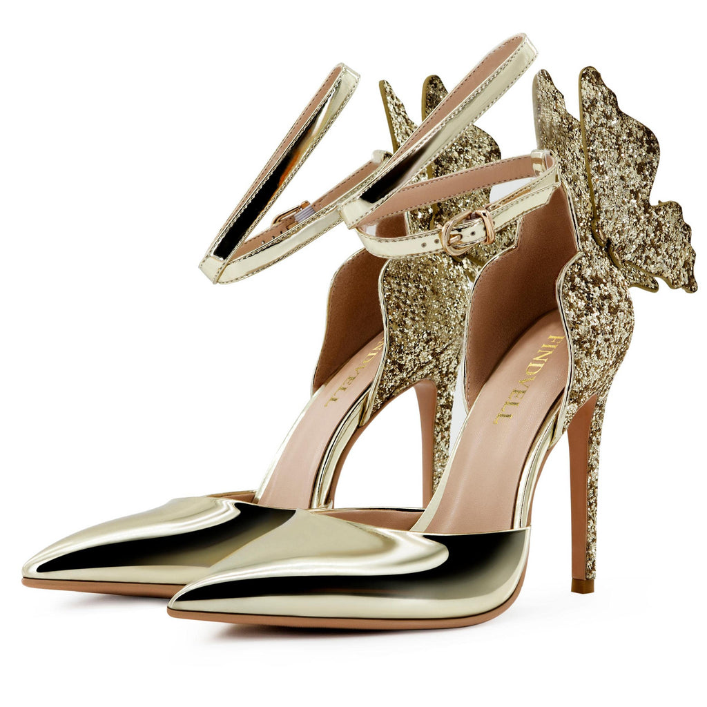 FINDVELL Gold High Heels Butterfly Back Sexy Stiletto Pumps Closed Toe Sparkly Ankle Strap Heels Sandals Dress Shoes for Women