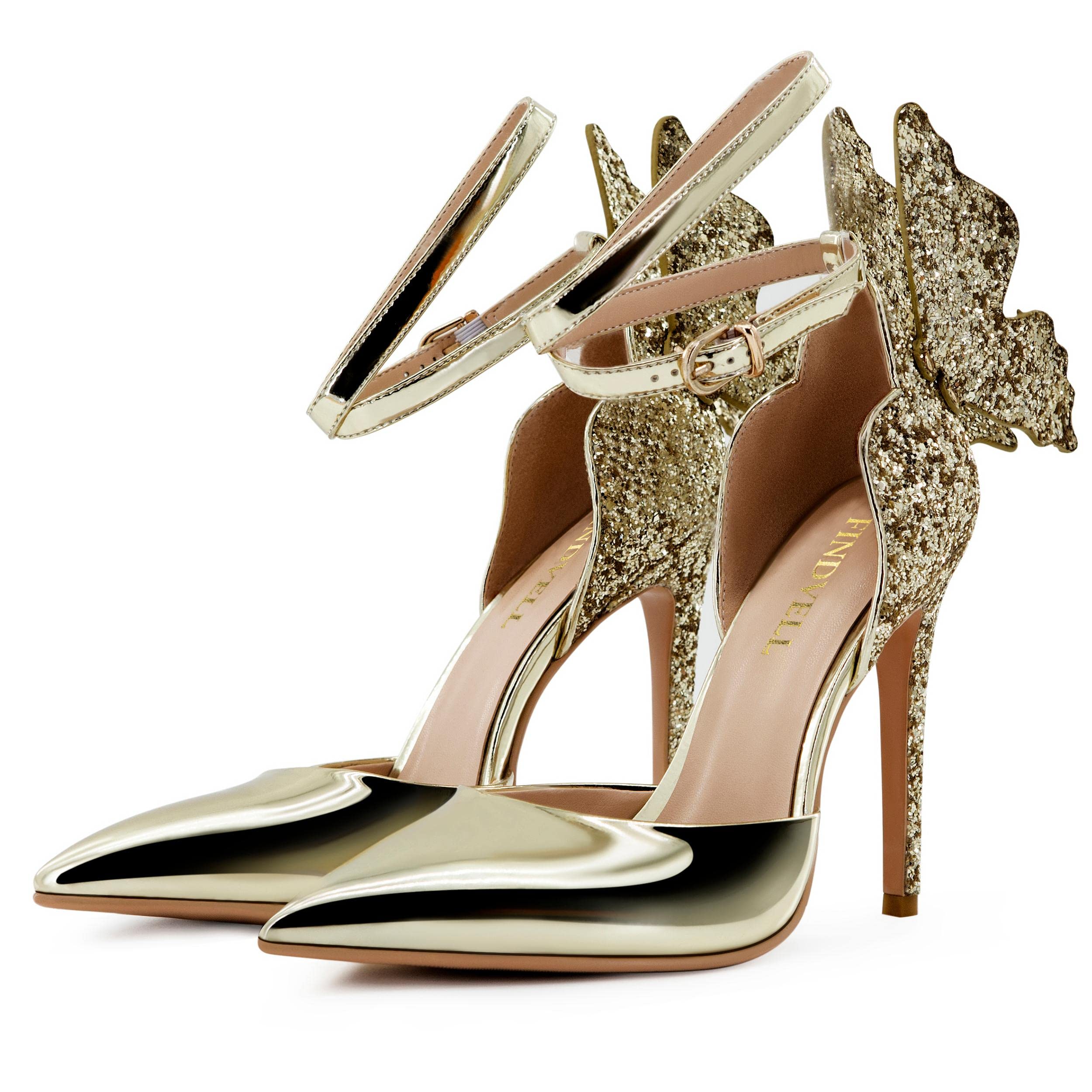 FINDVELL Gold High Heels Butterfly Back Sexy Stiletto Pumps Closed Toe Sparkly Ankle Strap Heels Sandals Dress Shoes for Women