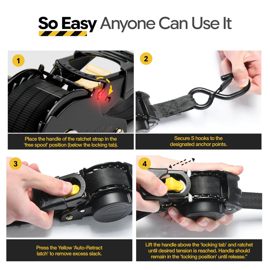 AUGO Retractable Ratchet Straps | 2 Heavy Duty Ratchet Straps Self Retractable Tie Downs with Soft Loops & Storage Bag for Motorcycle, Truck, Trailer, Cargo Van | 1200 Lb Break Strength 1” x 10’