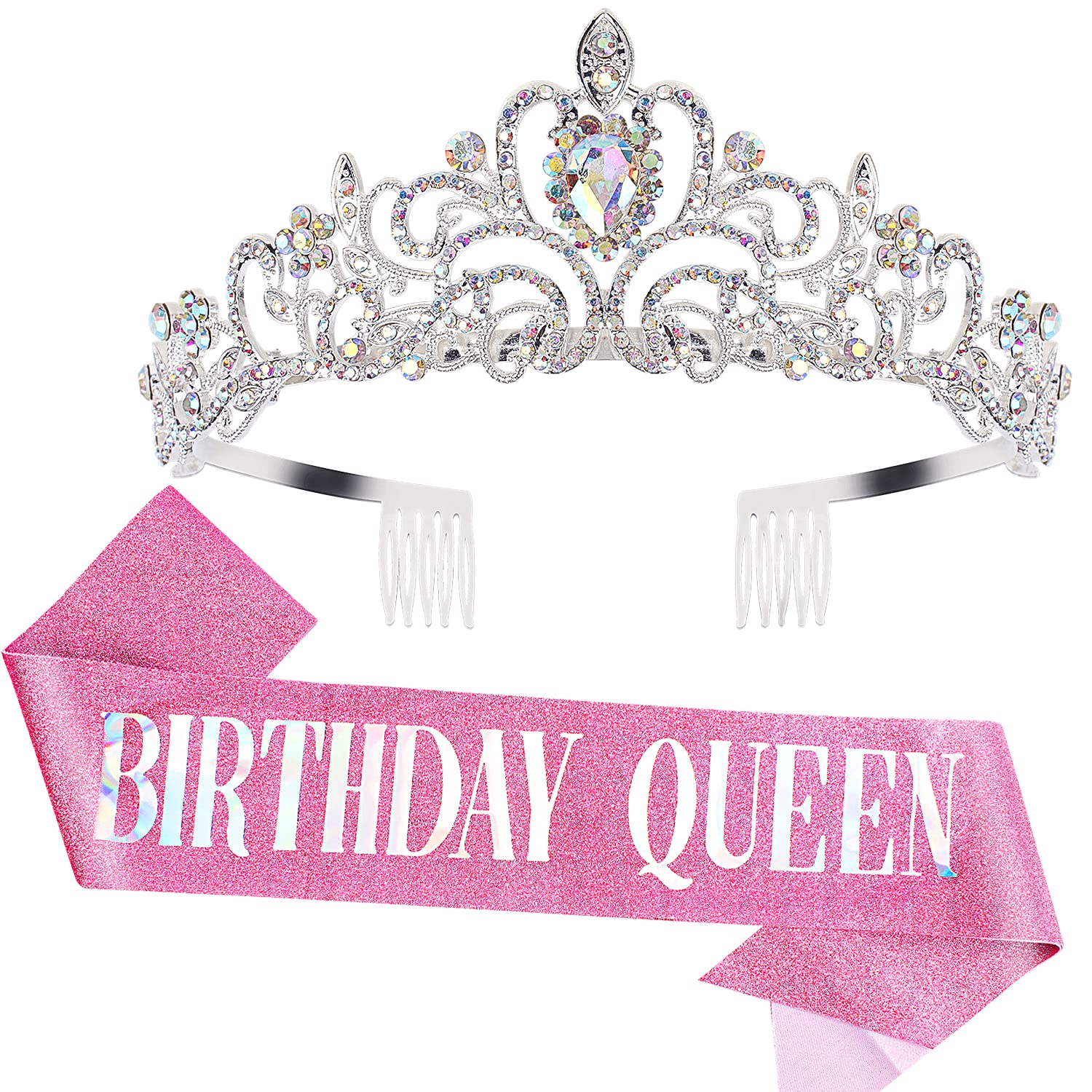 COCIDE Birthday Silver Tiara and Crowns Kit - Silver Tiara, Crown, Sash, Rhinestone Headband, Glitter Sash for Women & Girls Birthday Party Decorations
