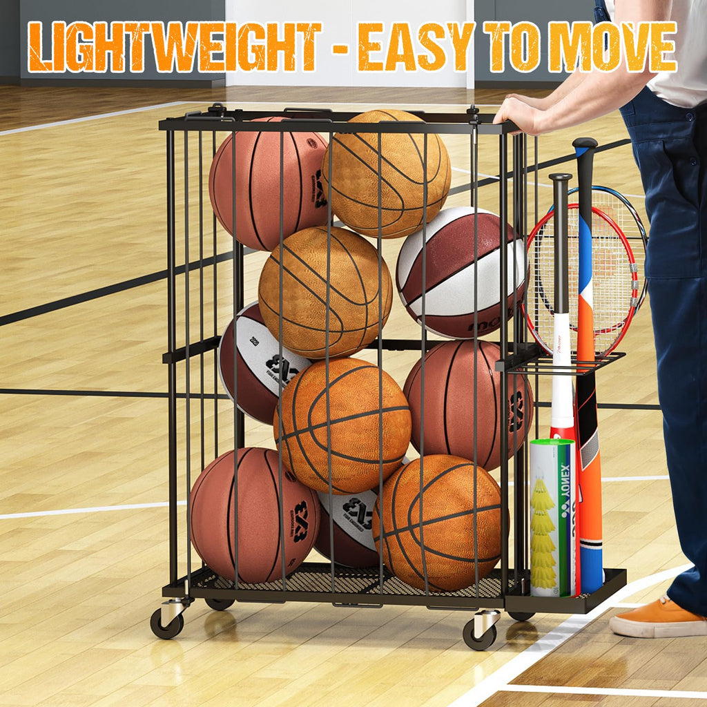 Hencawima Garage Ball Storage: Round Sports Equipment Organizer with Wheels, Sports Ball Rack With Elastic Rope, Ball Holder for Basketball, Soccer, Volleyball, Football, Garage, Gym, Outdoor (Black)