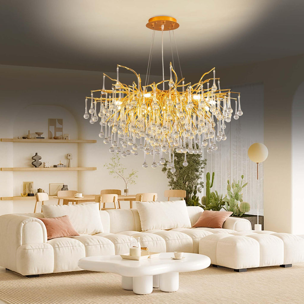 Modern Crystal Raindrop Chandelier, L40'' Black Linear Rectangle Art Deco Tree Branch Lighting Fixture for Kitchen Island Living Room Foyer Staircase 10 Lights