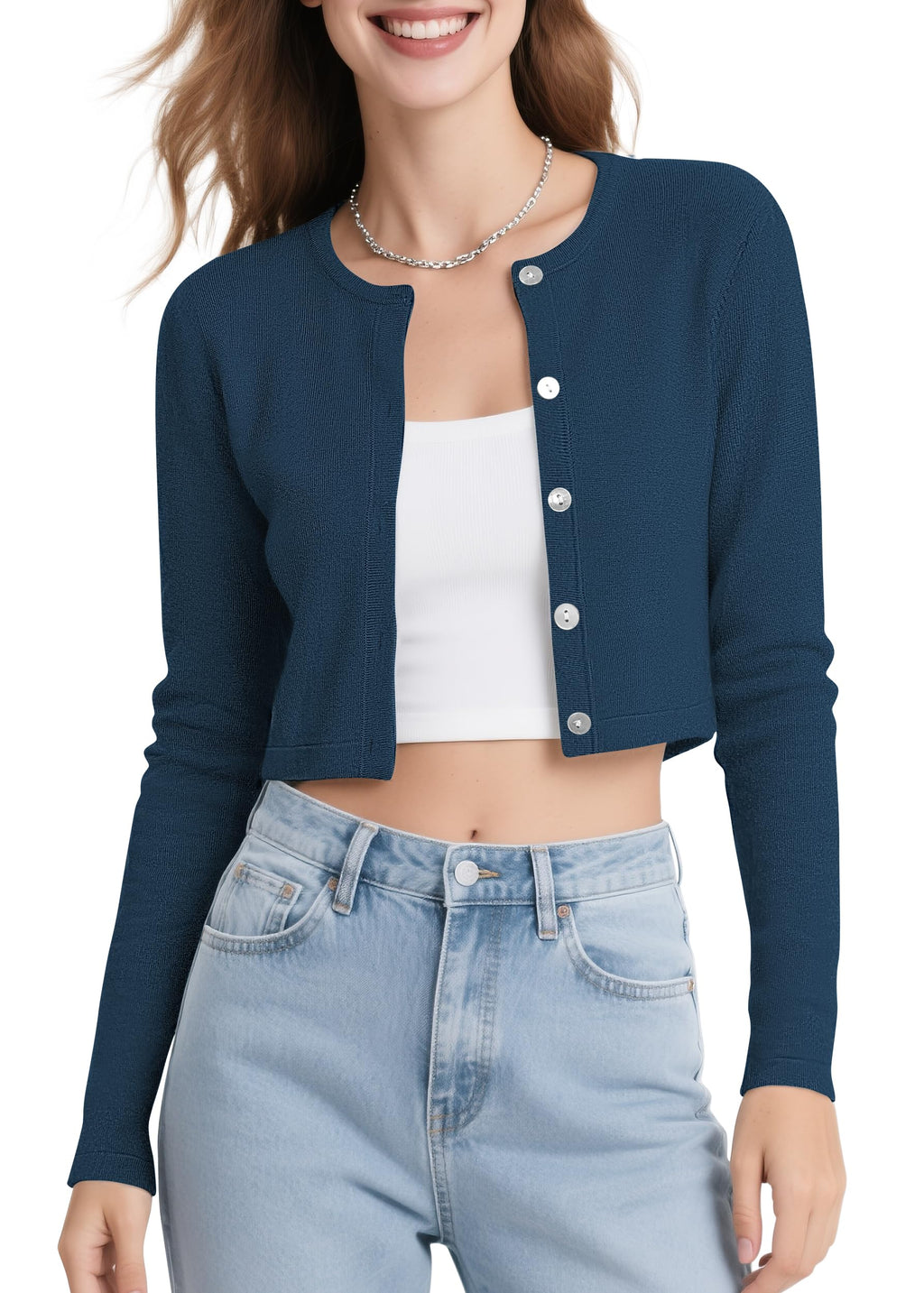 Urban CoCo Women's Long Sleeve Button Up Cropped Cardigan Sweaters for Women Crew Neck Short Bolero Shrug for Dresses